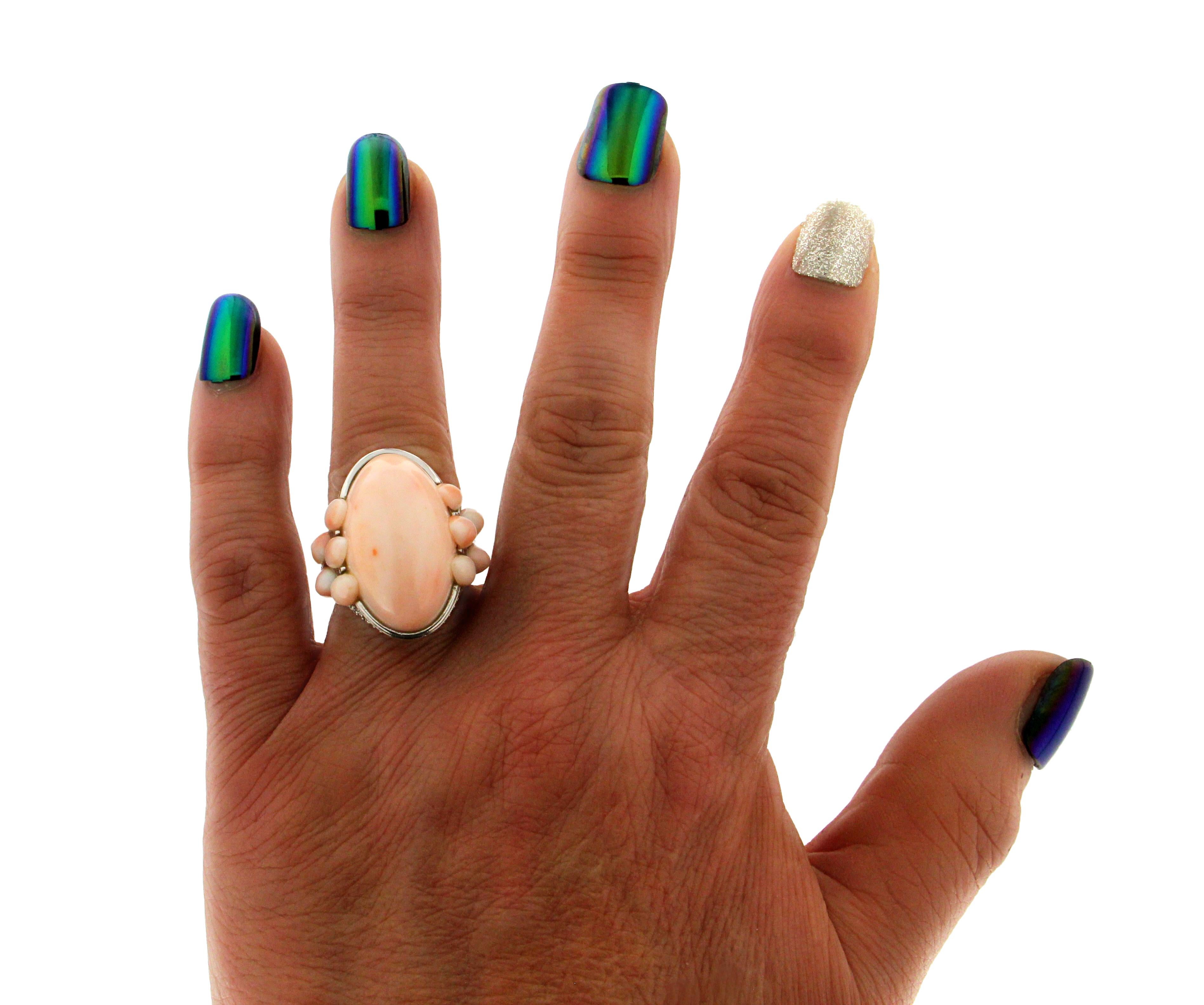 Handcraft Coral 18 Karat White Gold Diamonds Cocktail Ring For Sale 6