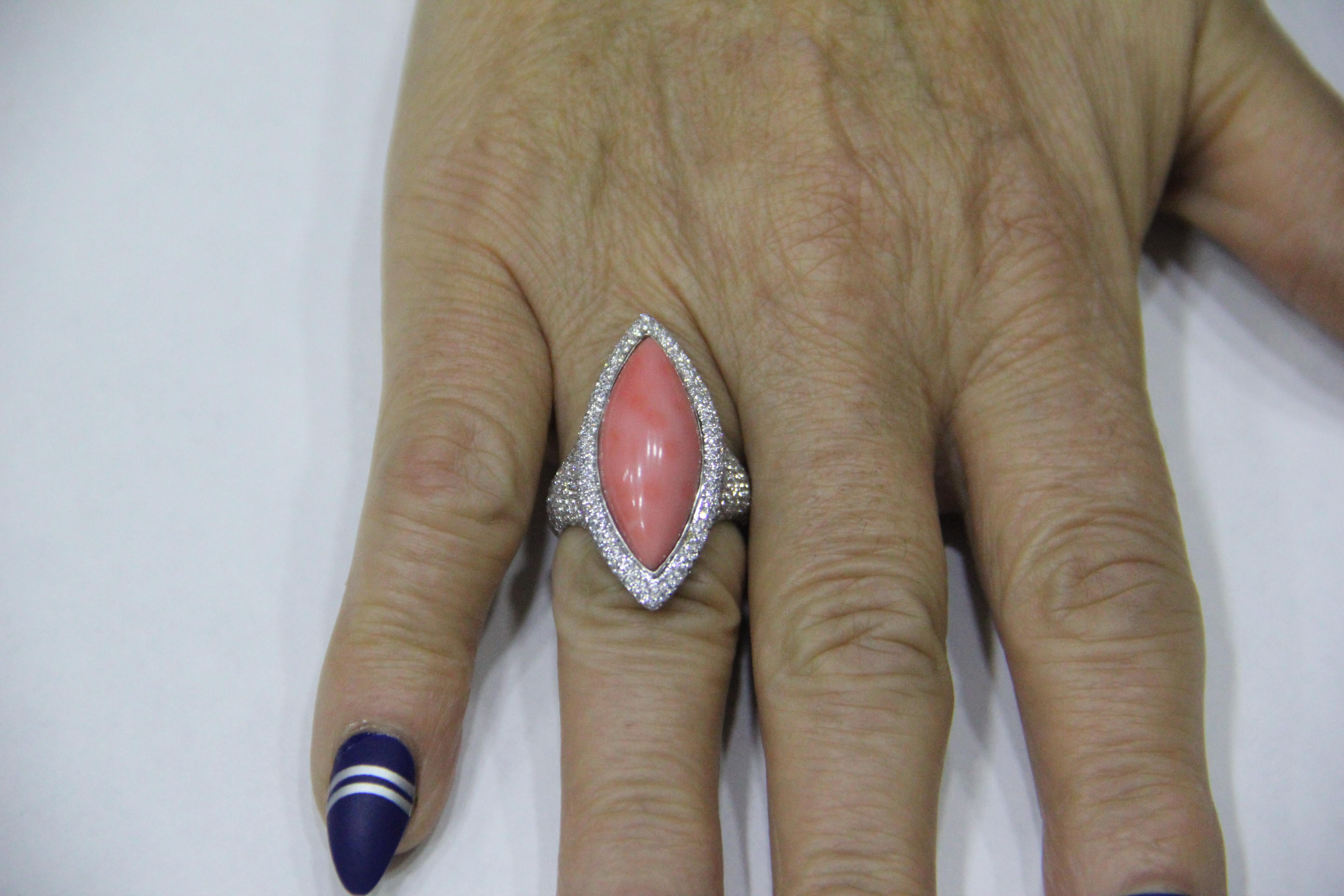 Handcraft Coral 18 Karat White Gold Diamonds Cocktail Ring For Sale 7
