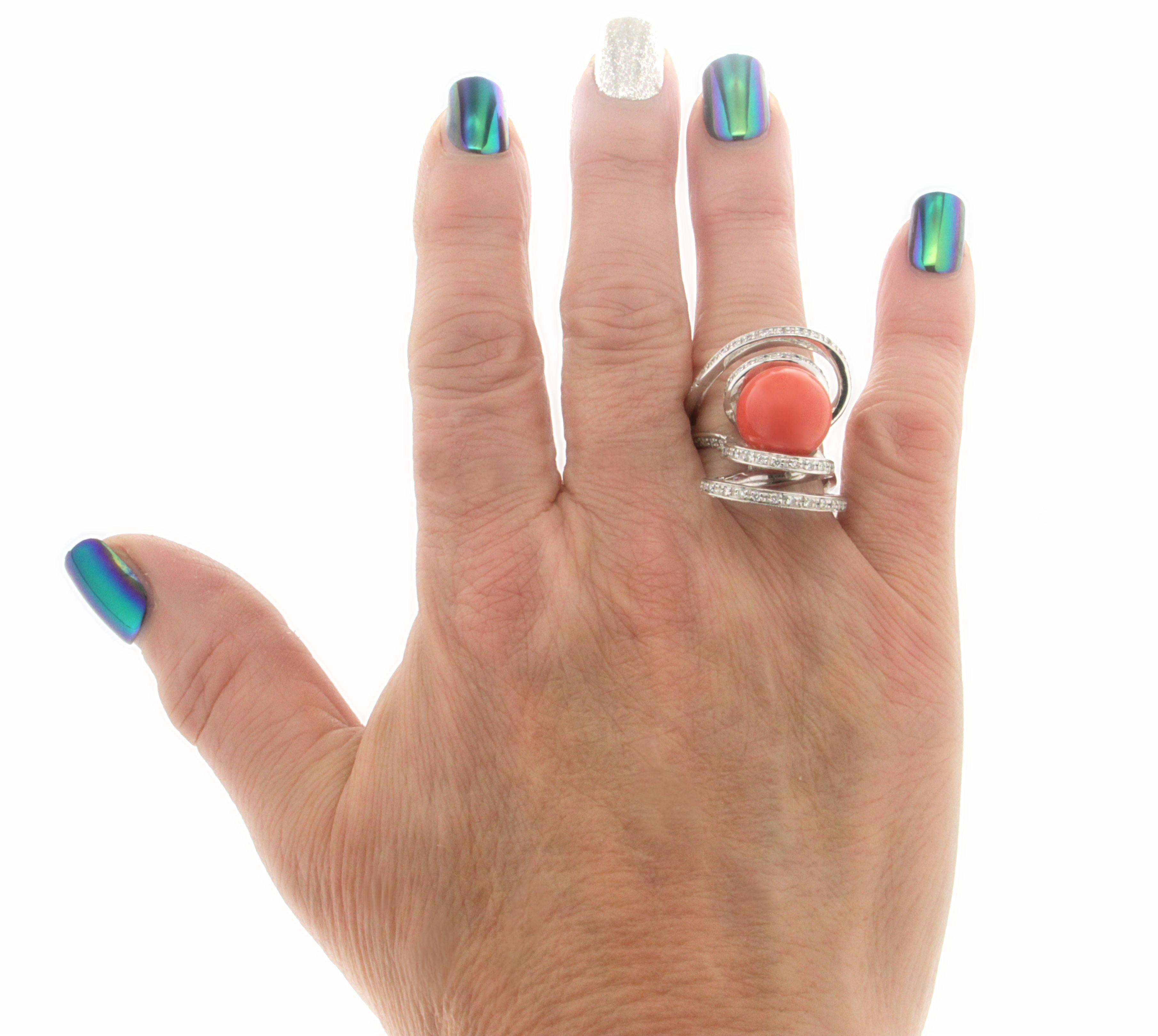 Handcraft Coral 18 Karat White Gold Diamonds Cocktail Ring For Sale 9