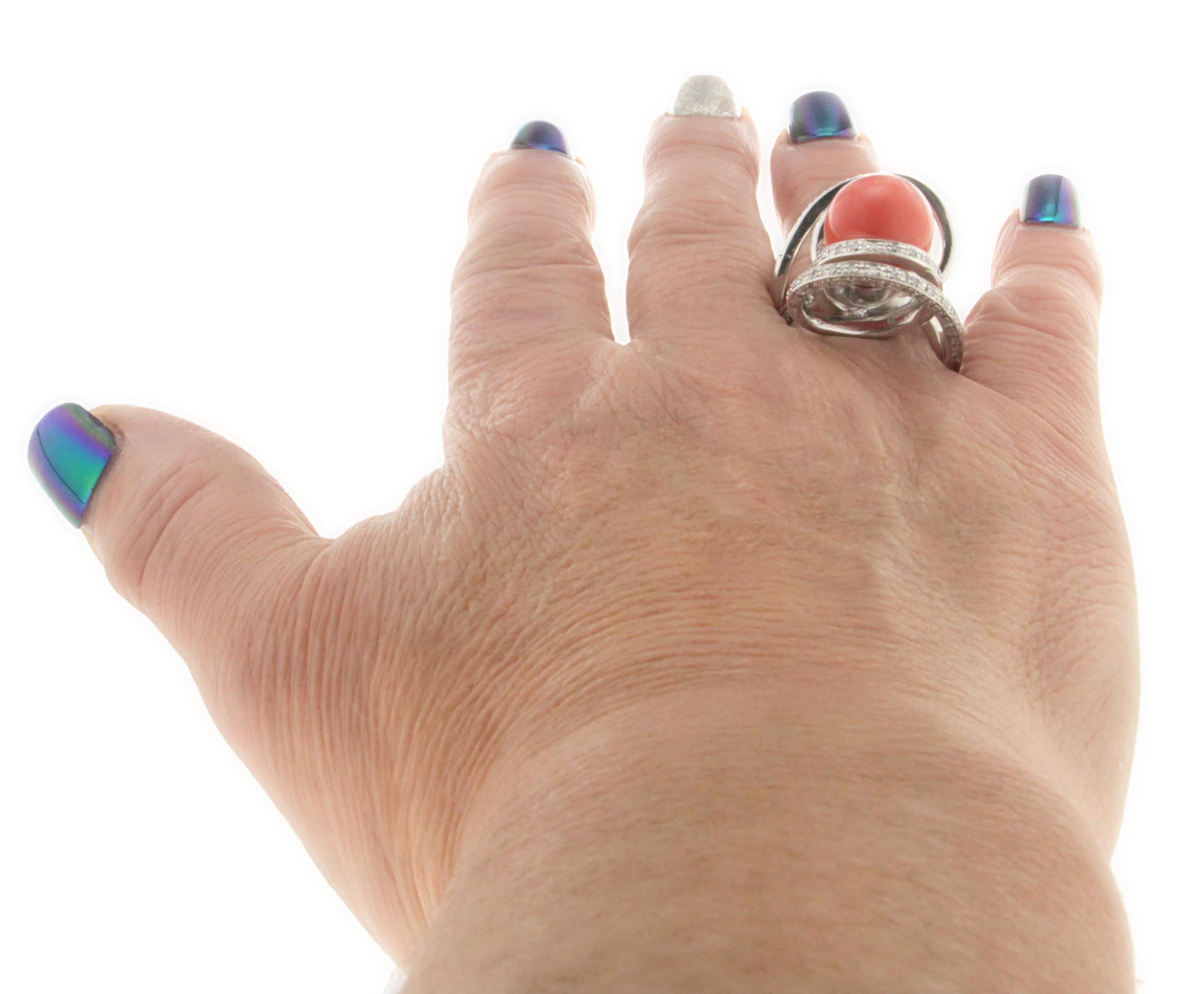 Handcraft Coral 18 Karat White Gold Diamonds Cocktail Ring For Sale 10
