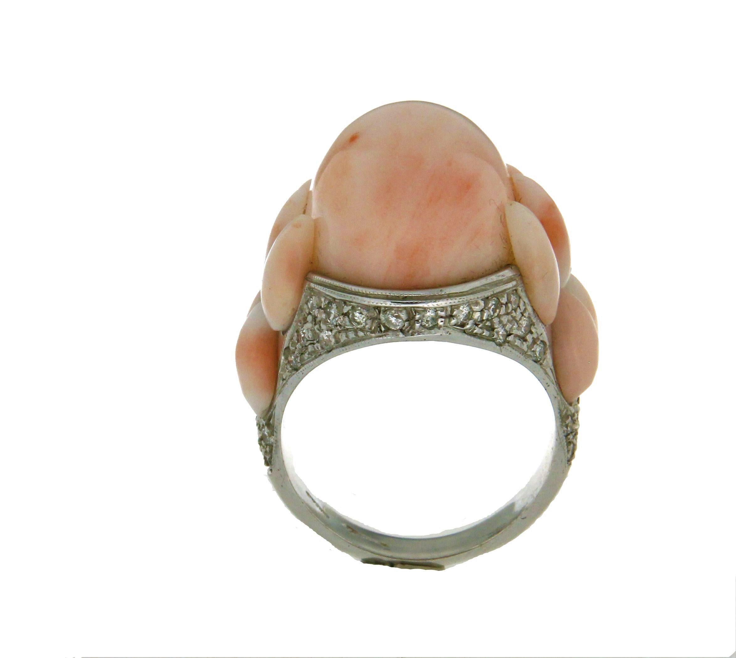 Artisan Handcraft Coral 18 Karat White Gold Diamonds Cocktail Ring For Sale