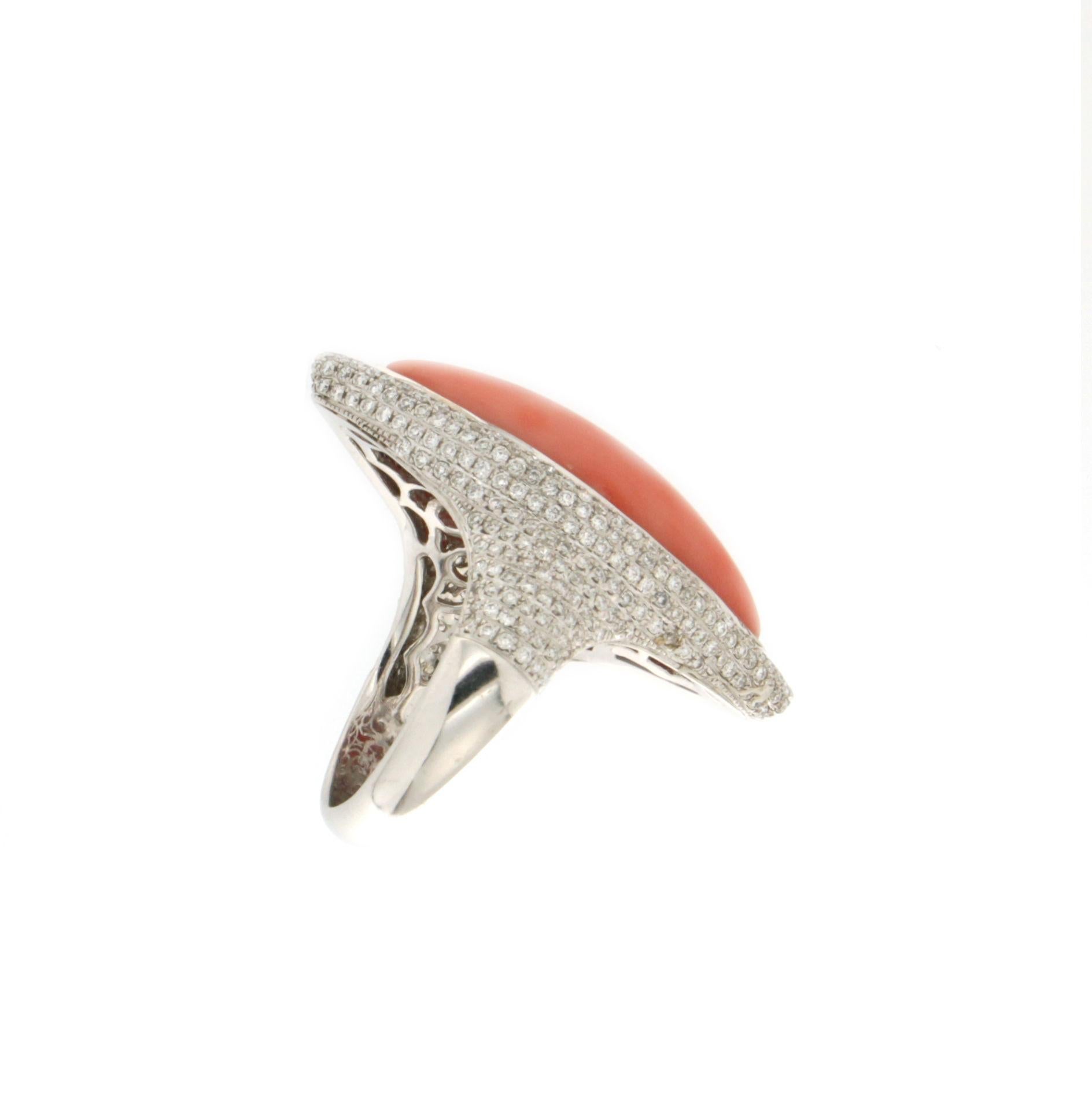 Marquise Cut Handcraft Coral 18 Karat White Gold Diamonds Cocktail Ring For Sale