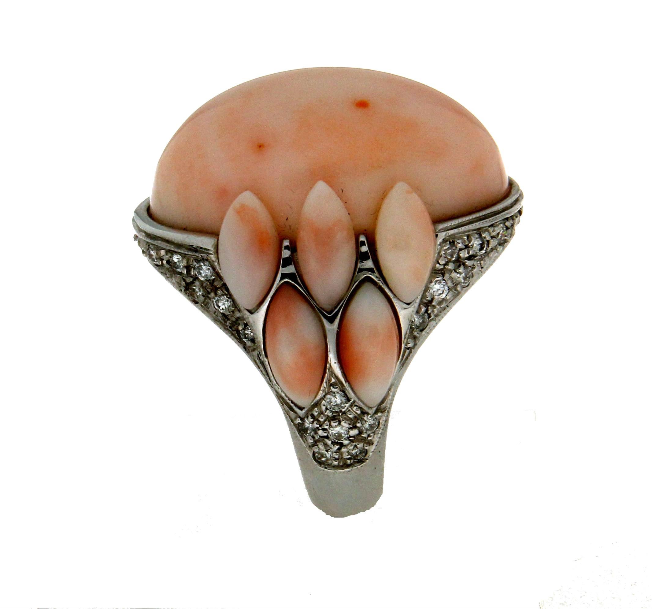Mixed Cut Handcraft Coral 18 Karat White Gold Diamonds Cocktail Ring For Sale