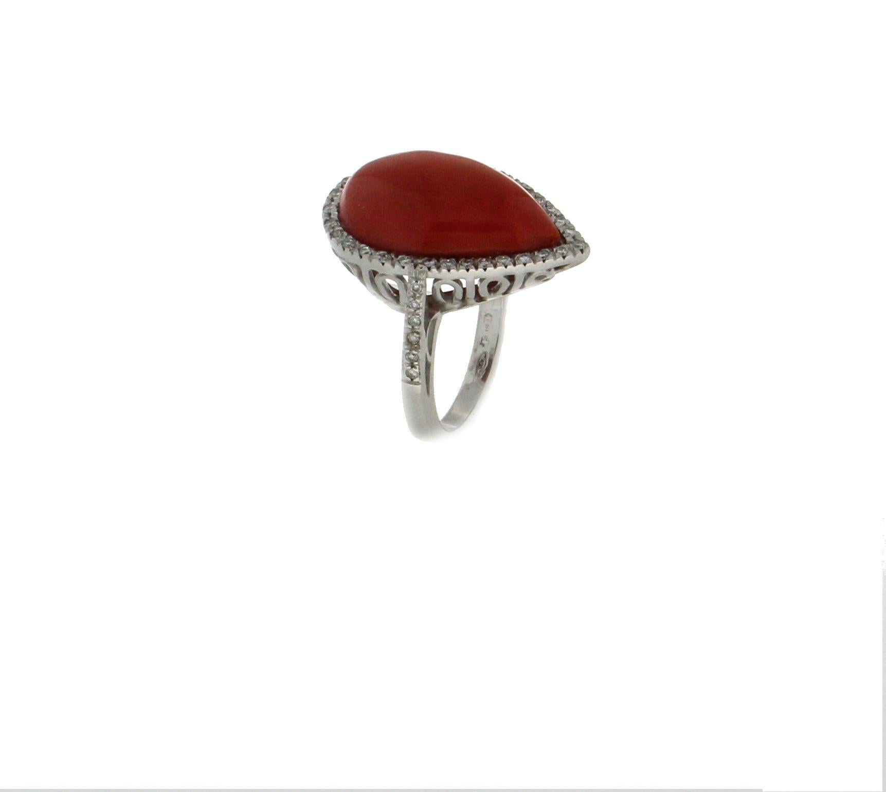 Pear Cut Handcraft Coral 18 Karat White Gold Diamonds Cocktail Ring For Sale
