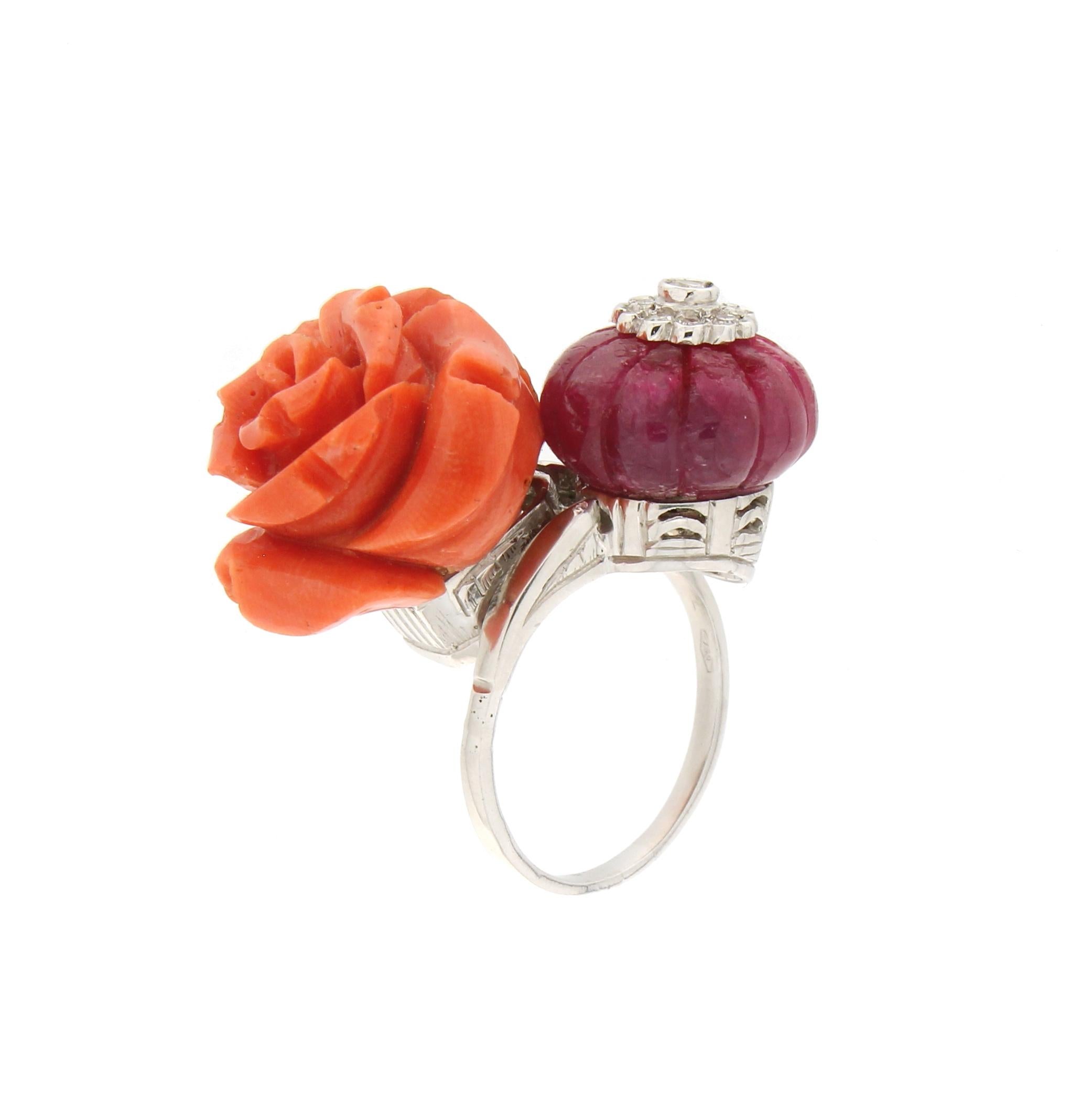 Women's Handcraft Coral 18 Karat White Gold Diamonds Cocktail Ring For Sale