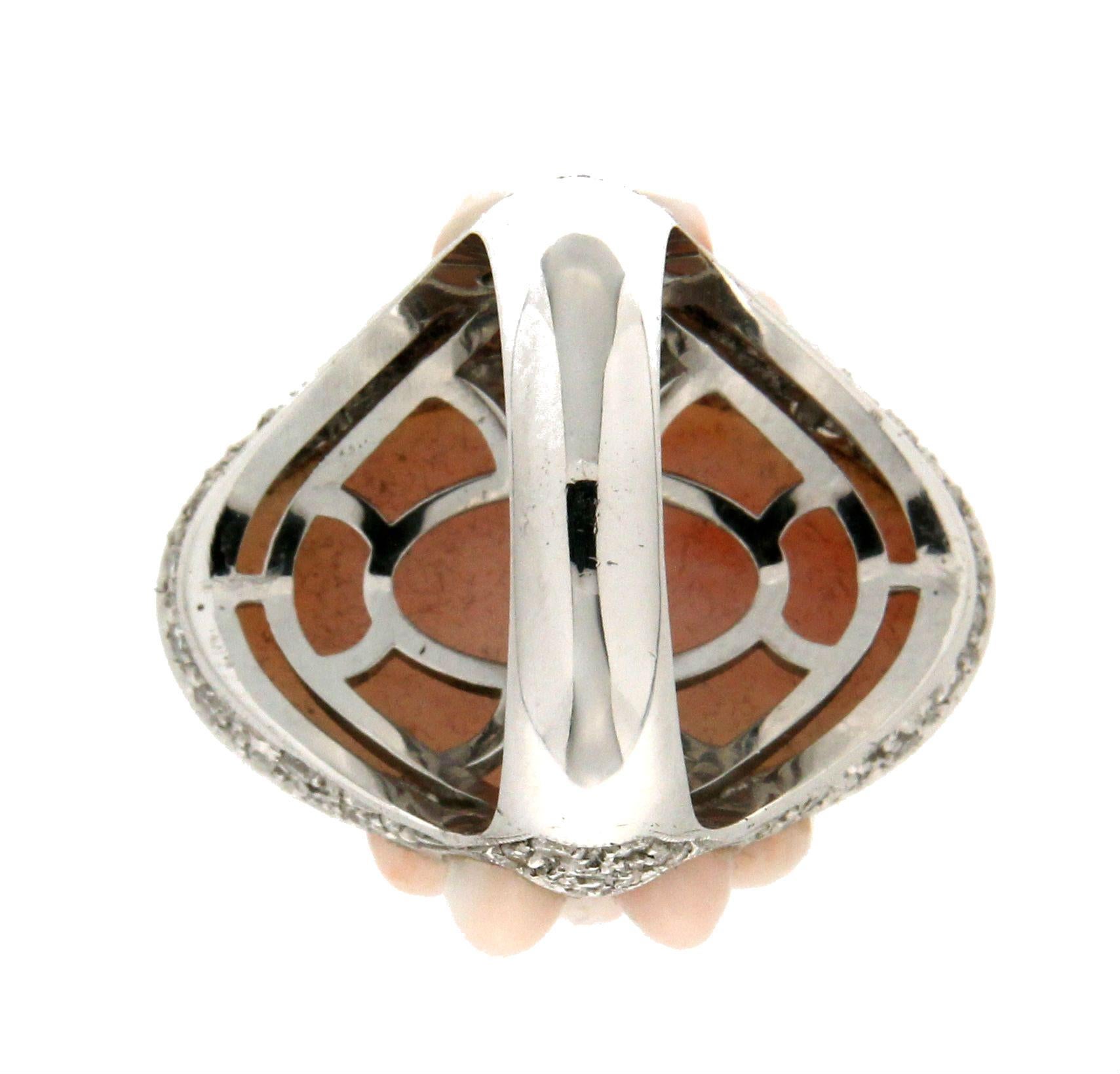 Handcraft Coral 18 Karat White Gold Diamonds Cocktail Ring For Sale 1