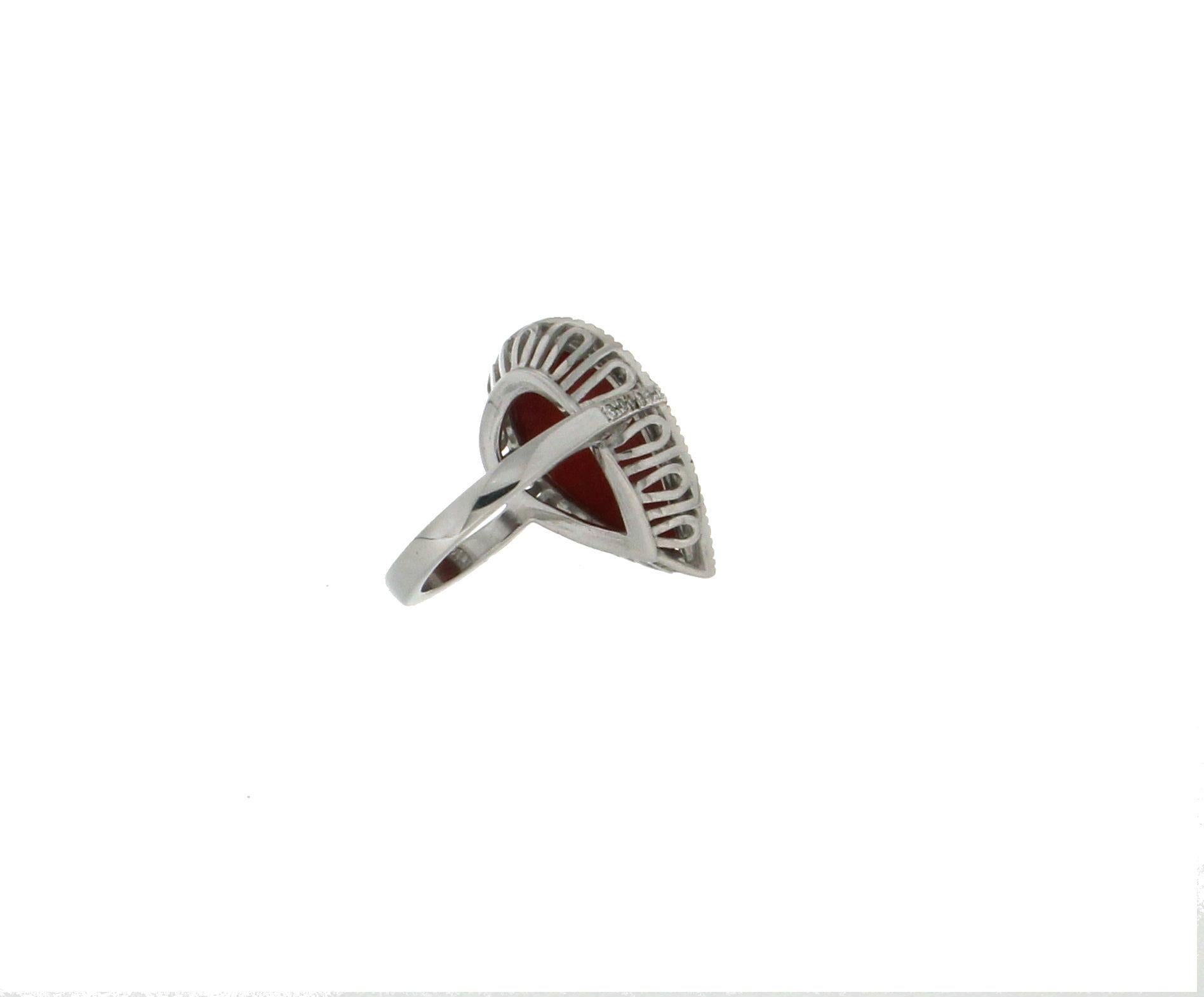Handcraft Coral 18 Karat White Gold Diamonds Cocktail Ring For Sale 1