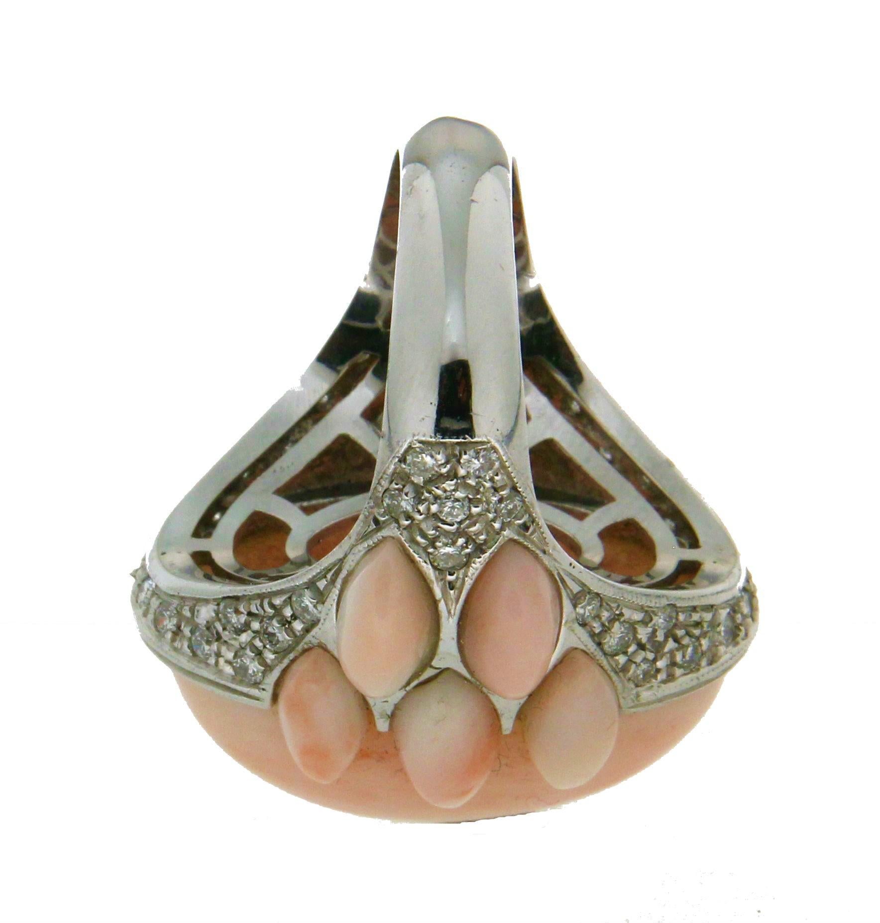 Handcraft Coral 18 Karat White Gold Diamonds Cocktail Ring For Sale 2