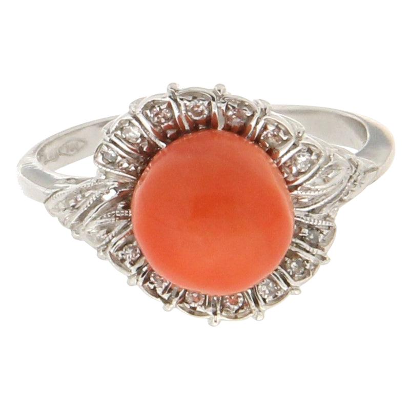 Coral White Diamond White Gold Handmade Italian Petal Cocktail Ring For