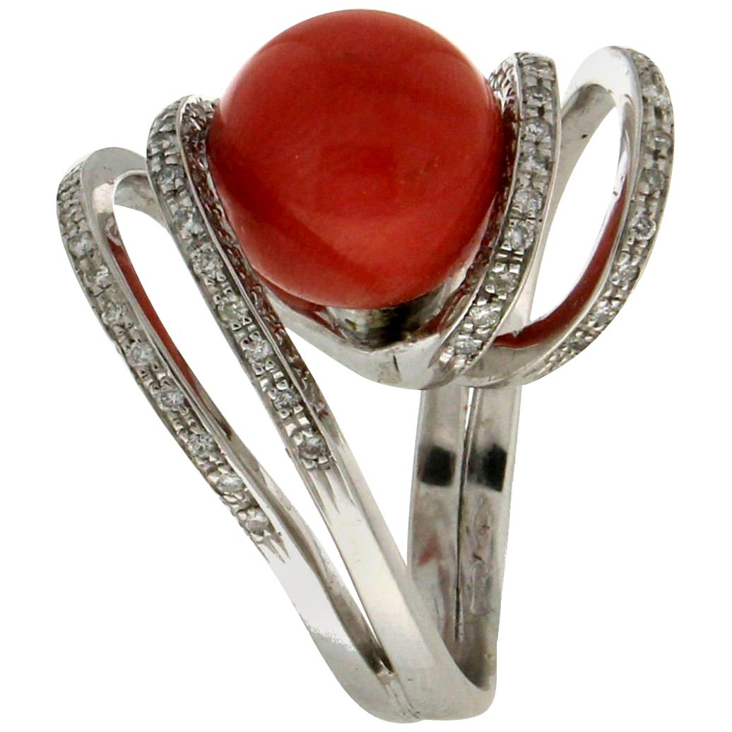 Handcraft Coral 18 Karat White Gold Diamonds Cocktail Ring For Sale