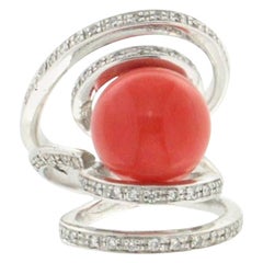Handcraft Coral 18 Karat White Gold Diamonds Cocktail Ring