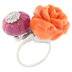 Contemporary 18K Gold Natural & Diamond Coral Rose Carved Ruby Cocktail Ring
