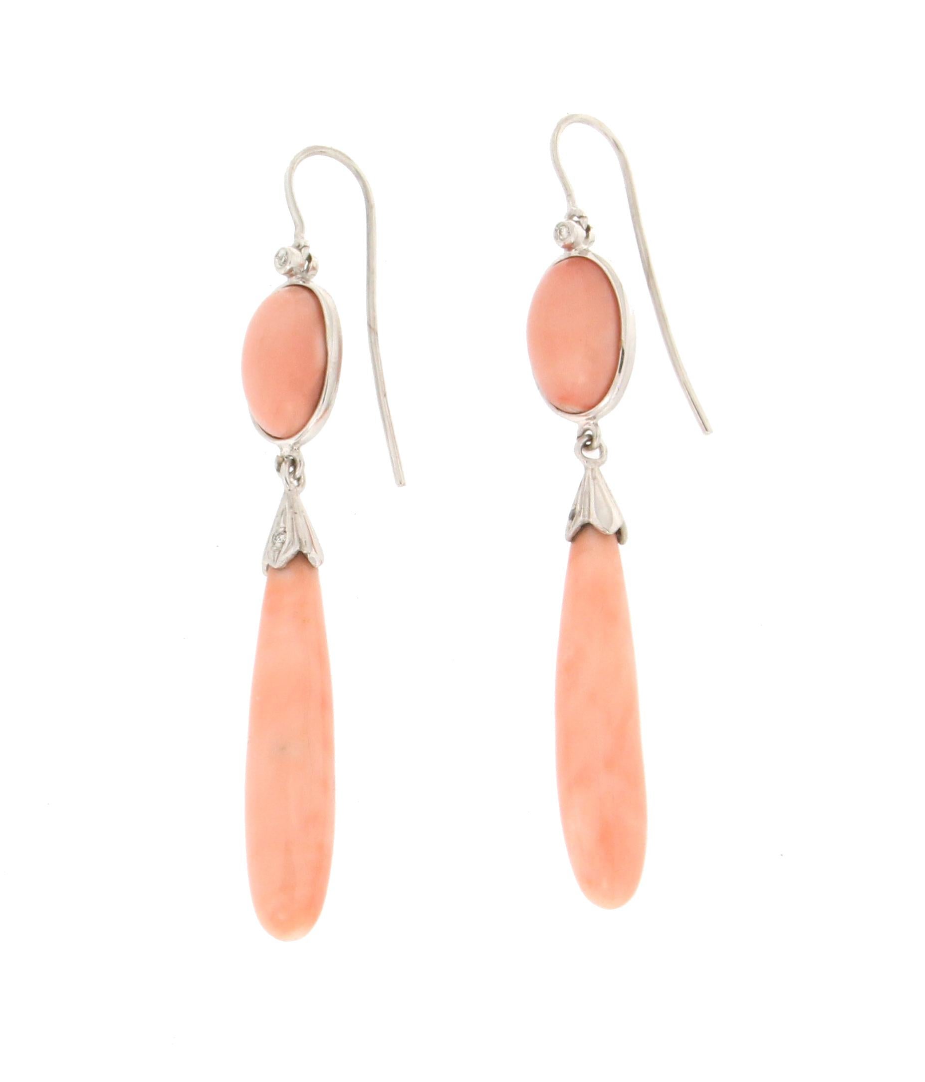 Artisan Handcraft Coral 18 Karat White Gold Diamonds Drop Earrings For Sale