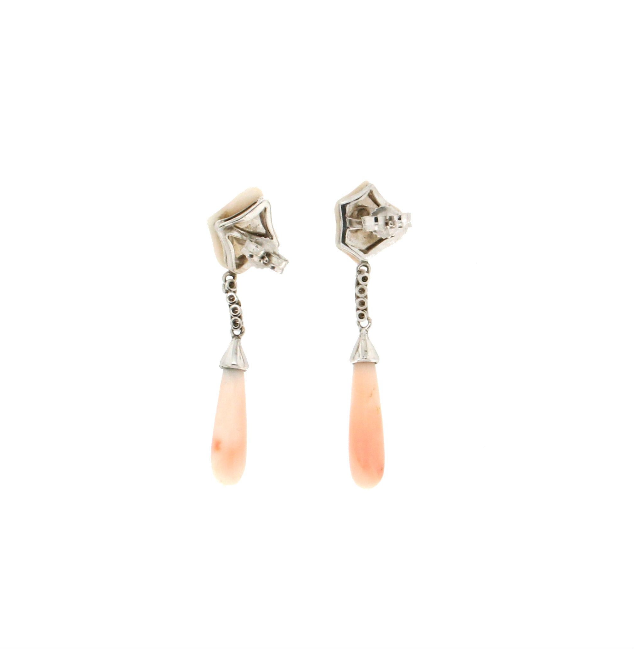 Artisan Handcraft Coral 18 Karat White Gold Diamonds Drop Earrings For Sale