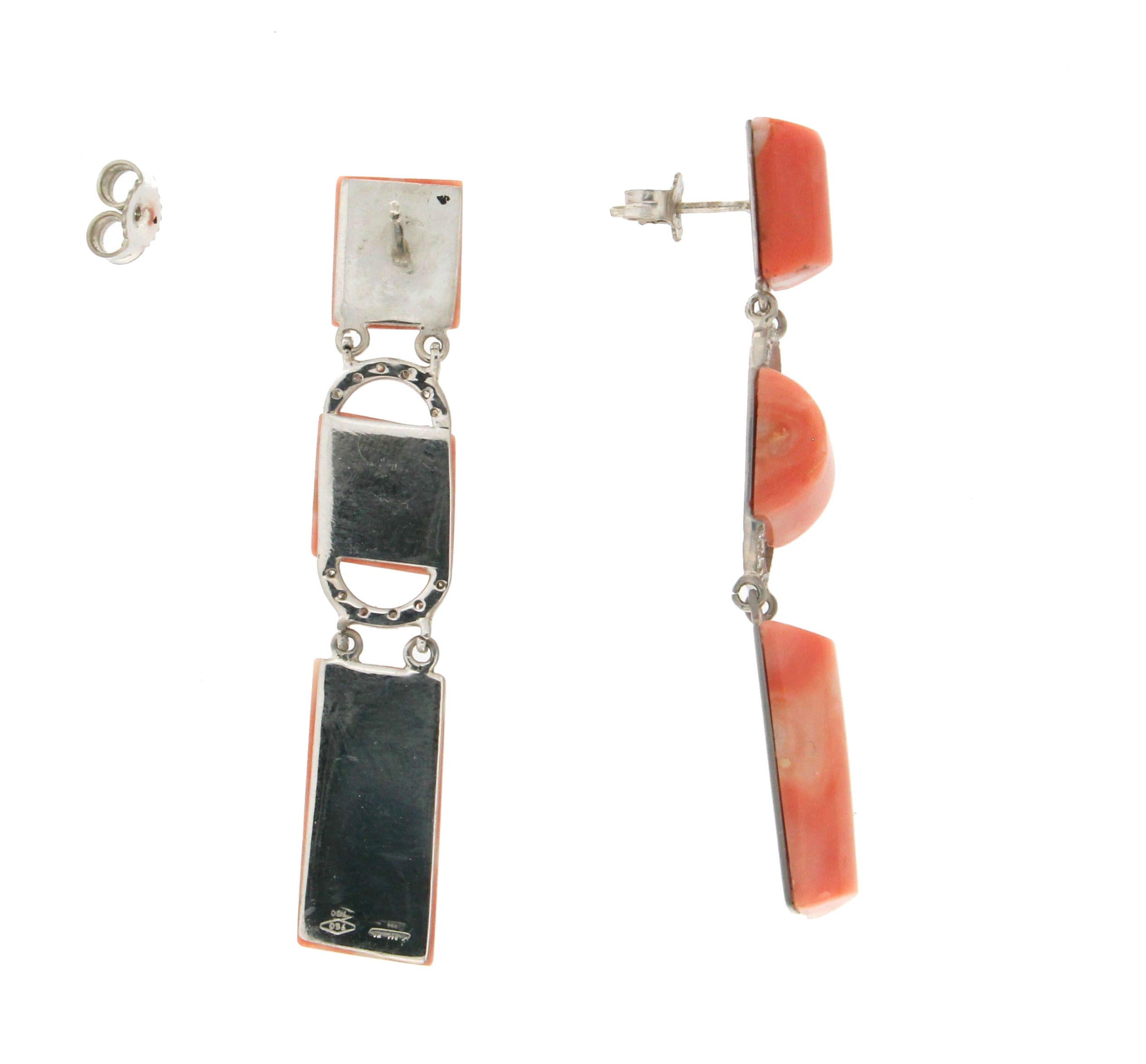 Artisan Handcraft Coral 18 Karat White Gold Diamonds Drop Earrings For Sale