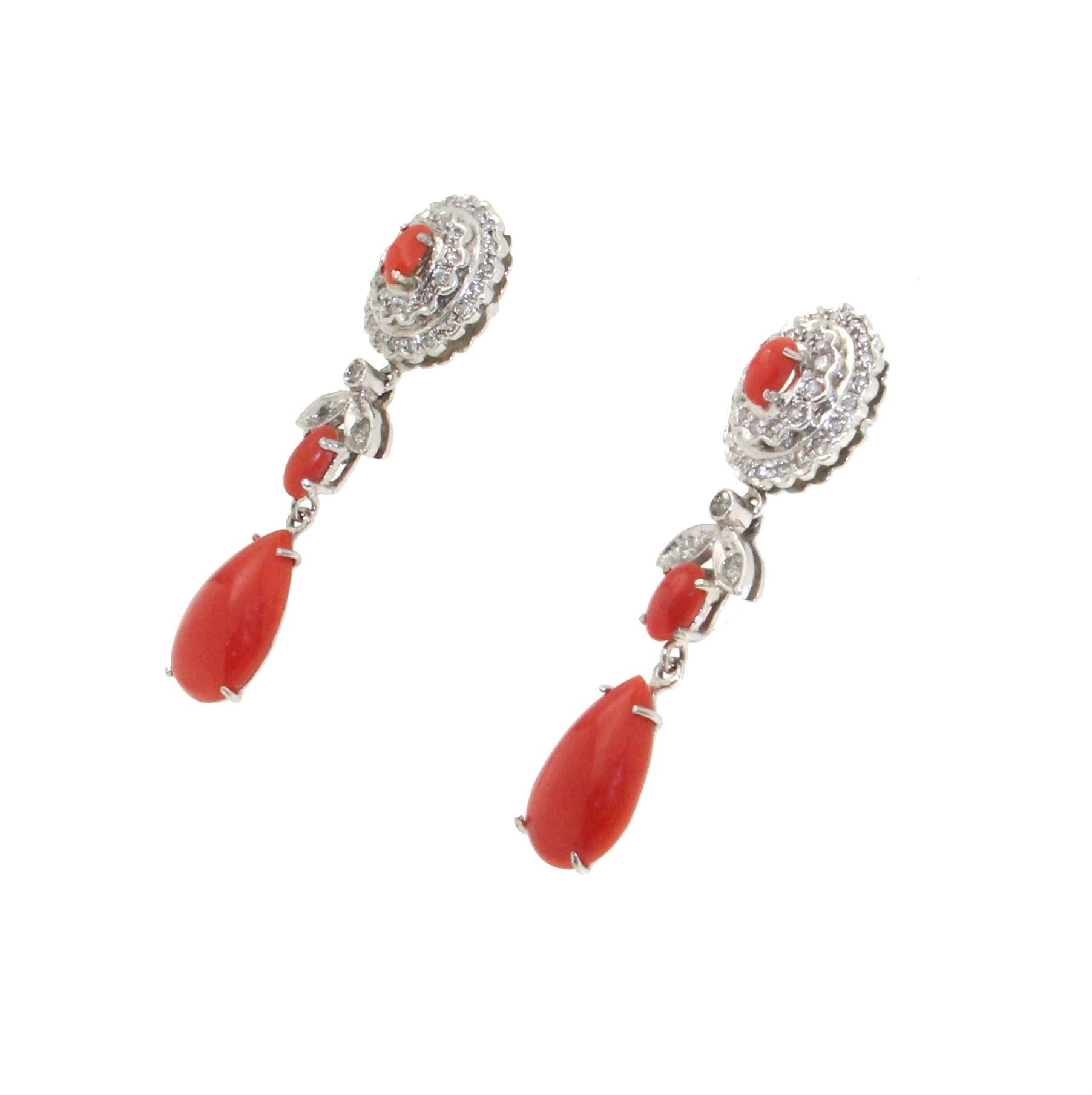 Artisan Handcraft Coral 18 Karat White Gold Diamonds Drop Earrings For Sale