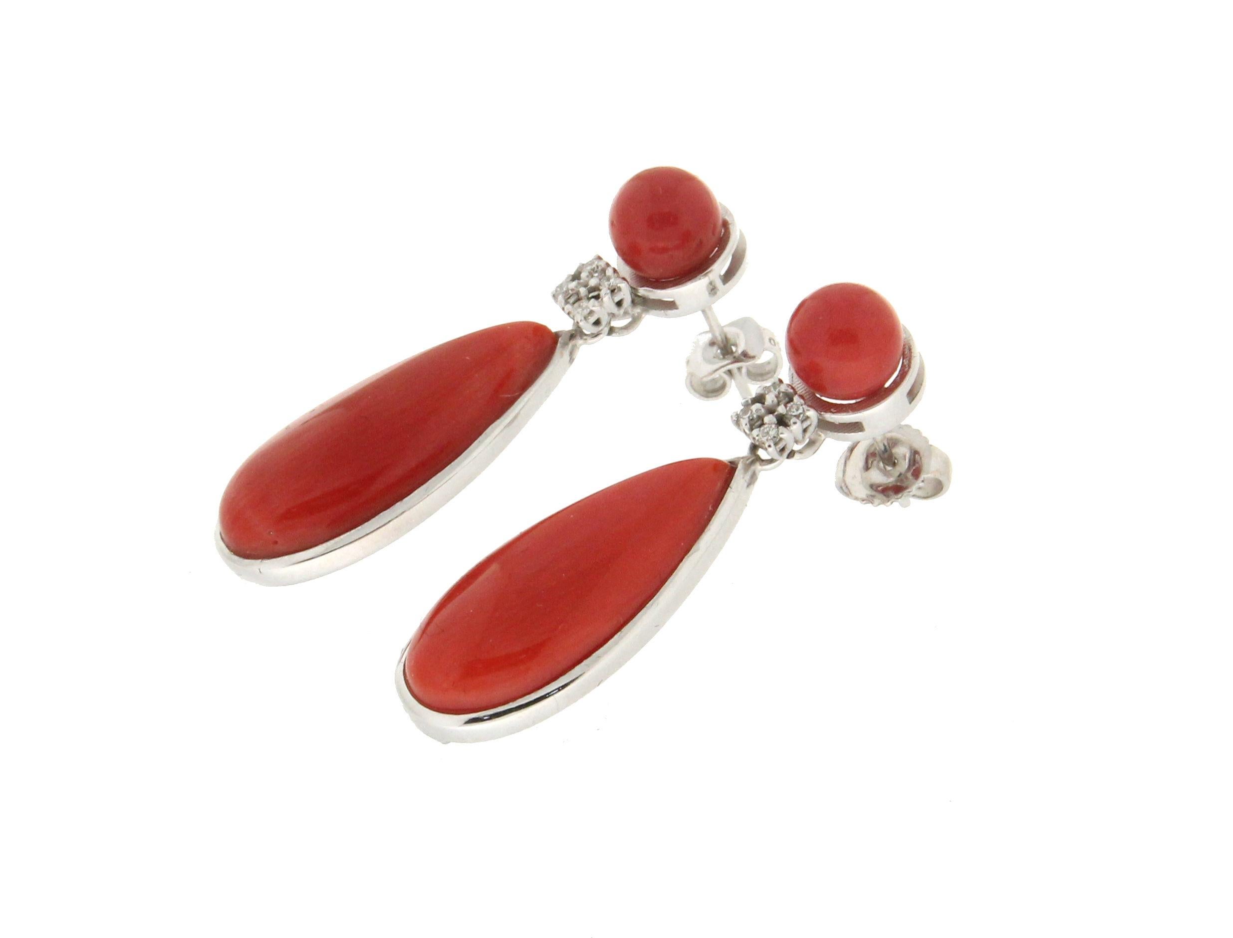 Artisan Handcraft Coral 18 Karat White Gold Diamonds Drop Earrings For Sale