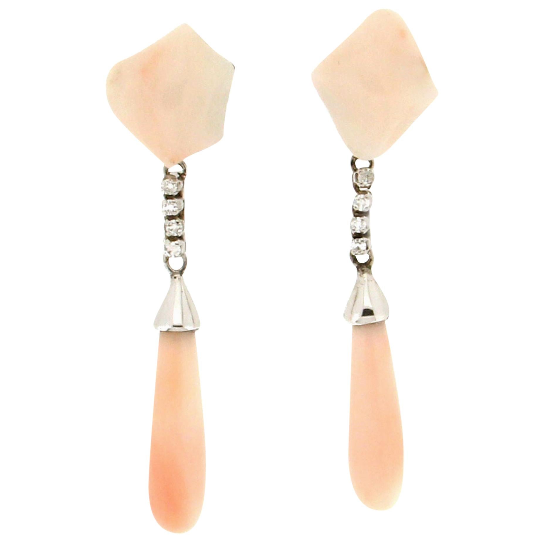 Handcraft Coral 18 Karat White Gold Diamonds Drop Earrings For Sale