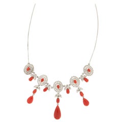 Handcraft Coral 18 Karat White Gold Diamonds Drop Necklace