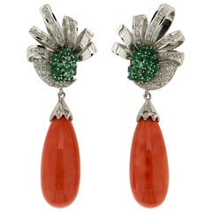 Handcraft Coral 18 Karat White Gold Diamonds Emeralds Drop Earrings