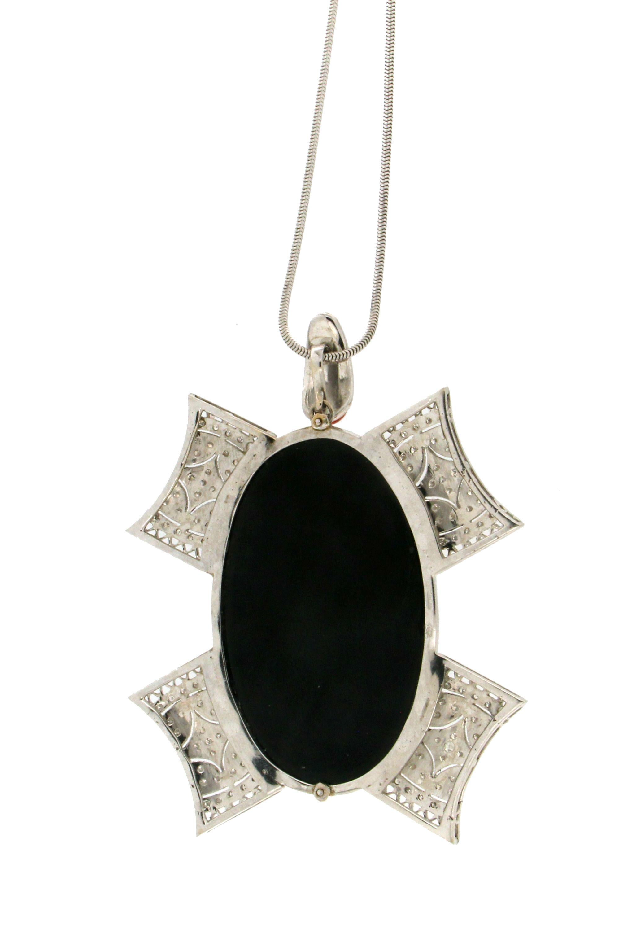 Artisan Handcraft Coral 18 Karat White Gold Diamonds Onyx Drop Necklace For Sale