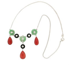 Handcraft Coral 18 Karat White Gold Diamonds Onyx Jade Drop Necklace