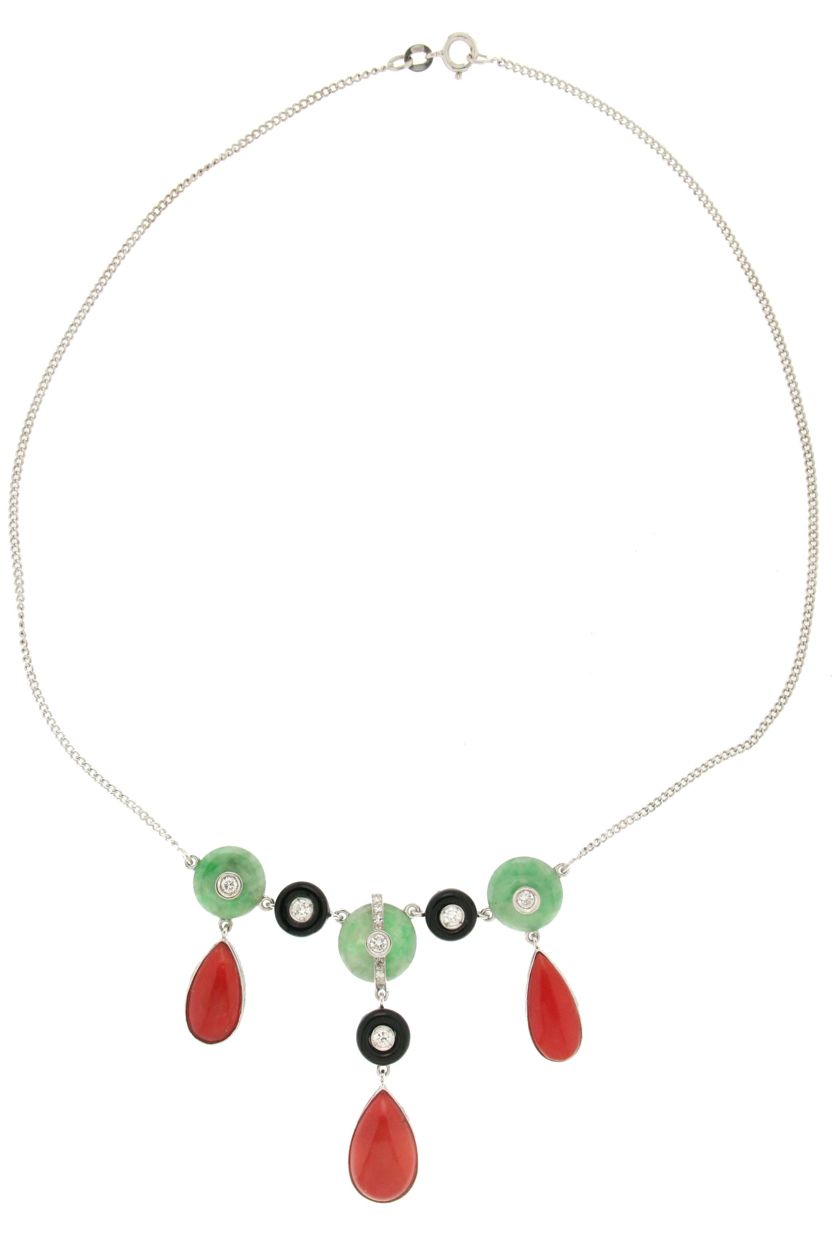 Brilliant Cut Handcraft Coral 18 Karat White Gold Diamonds Onyx Jade Drop Necklace For Sale