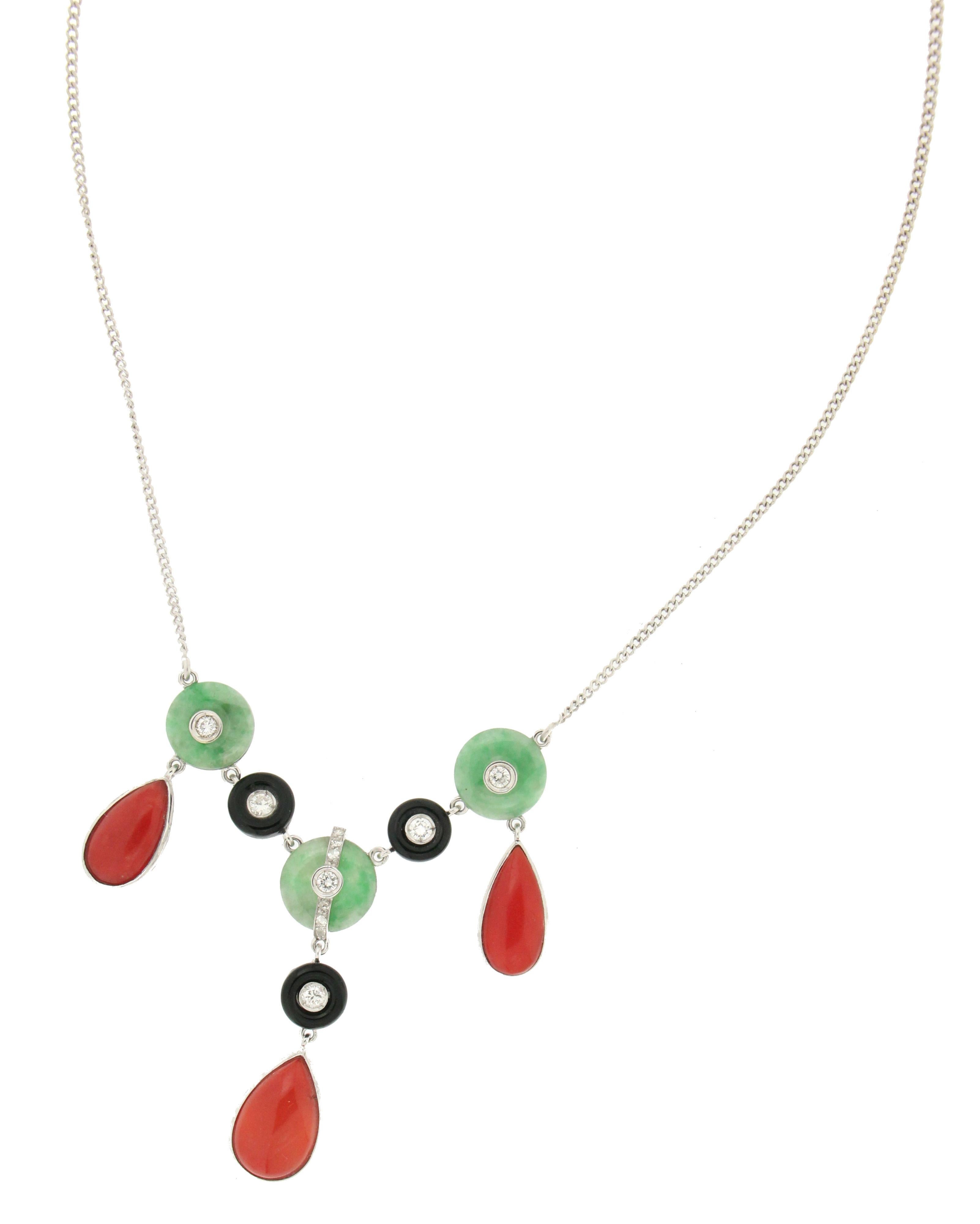 Handcraft Coral 18 Karat White Gold Diamonds Onyx Jade Drop Necklace In New Condition For Sale In Marcianise, IT