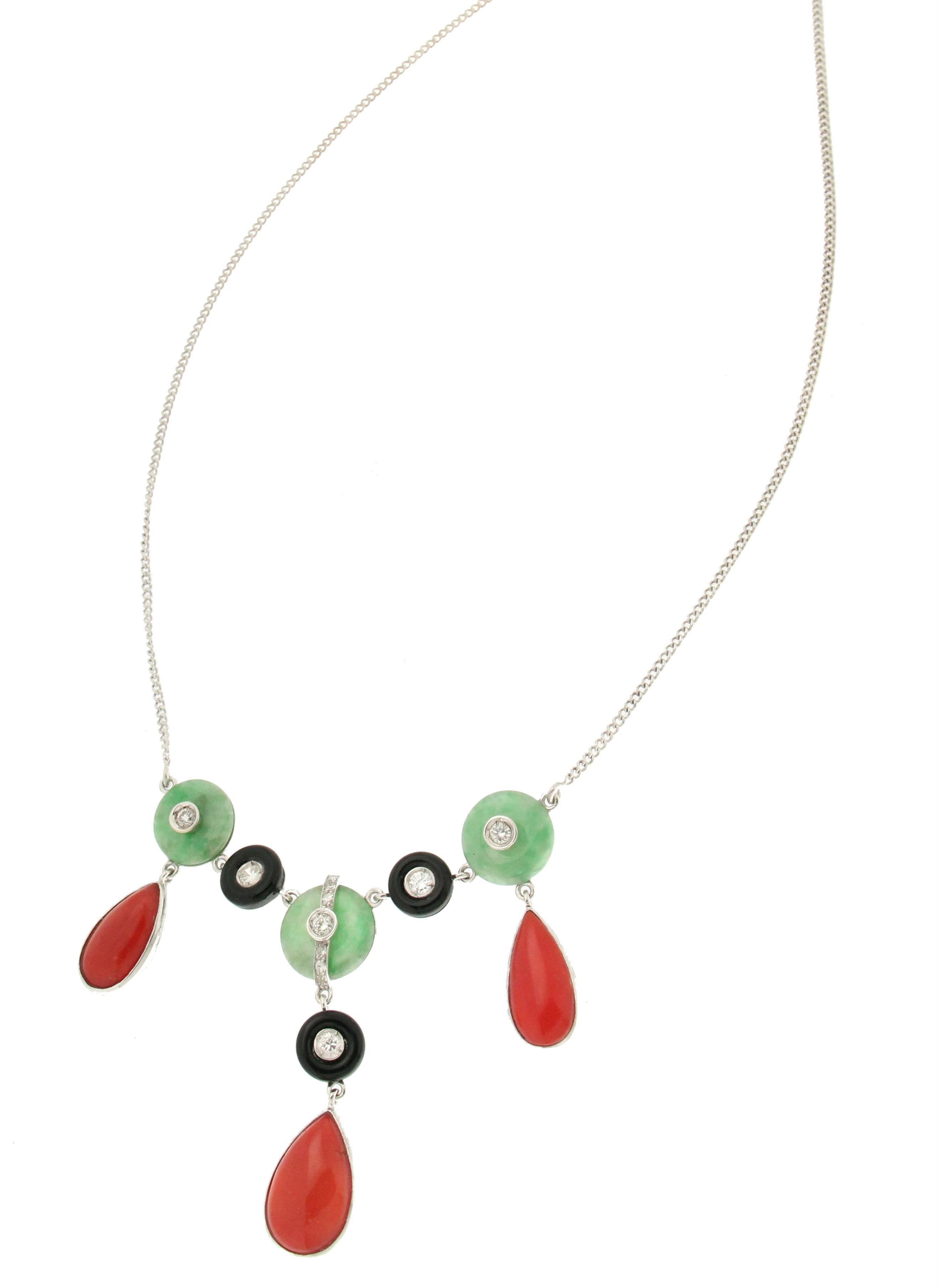 Women's or Men's Handcraft Coral 18 Karat White Gold Diamonds Onyx Jade Drop Necklace For Sale