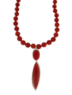 Collier pendentif corail en or blanc 18 carats avec diamants Handcraft