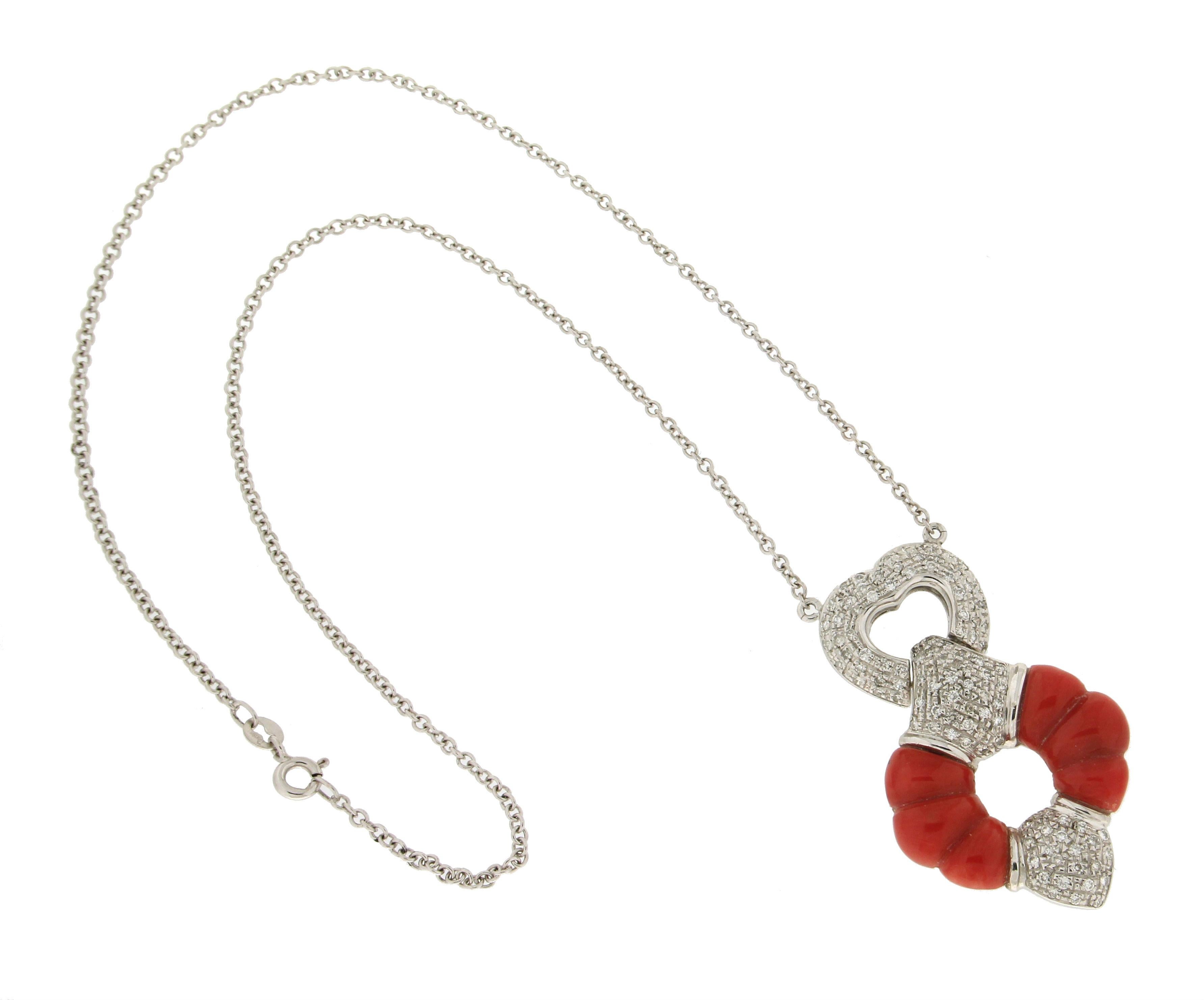 Artisan Handcraft Coral 18 Karat White Gold Diamonds Pendant Necklace For Sale