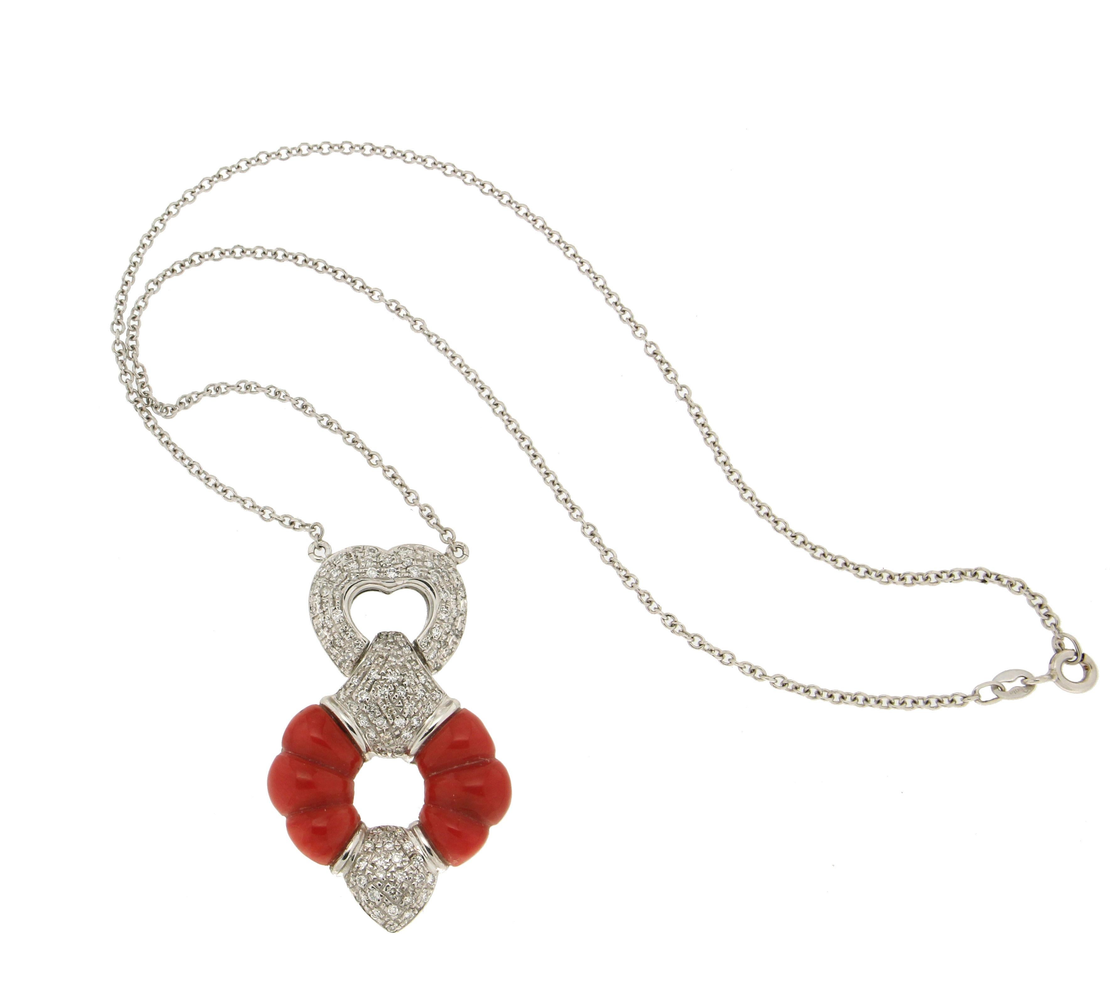 Mixed Cut Handcraft Coral 18 Karat White Gold Diamonds Pendant Necklace For Sale