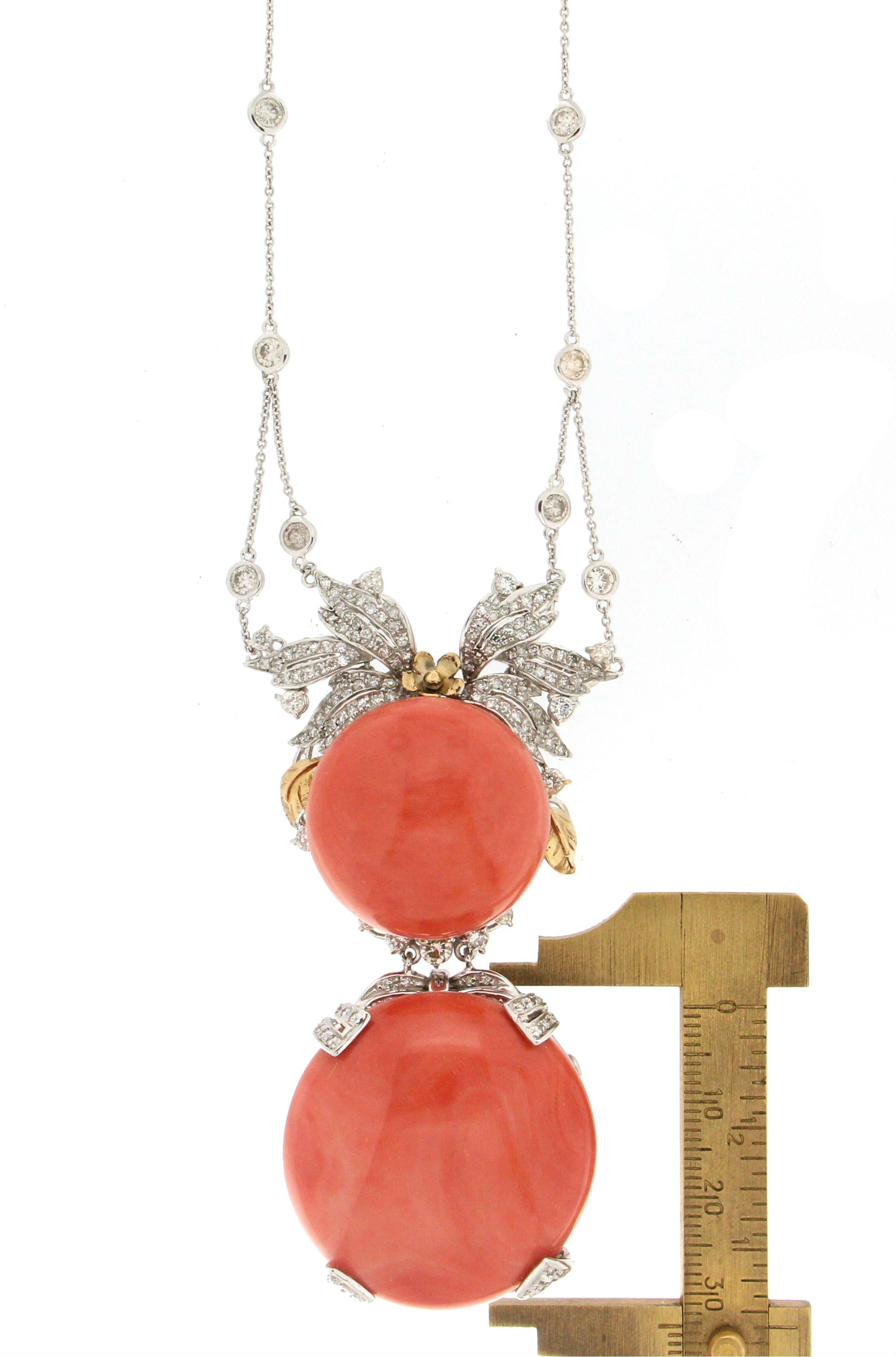 Handcraft Coral 18 Karat White Gold Diamonds Pendant Necklace For Sale 2