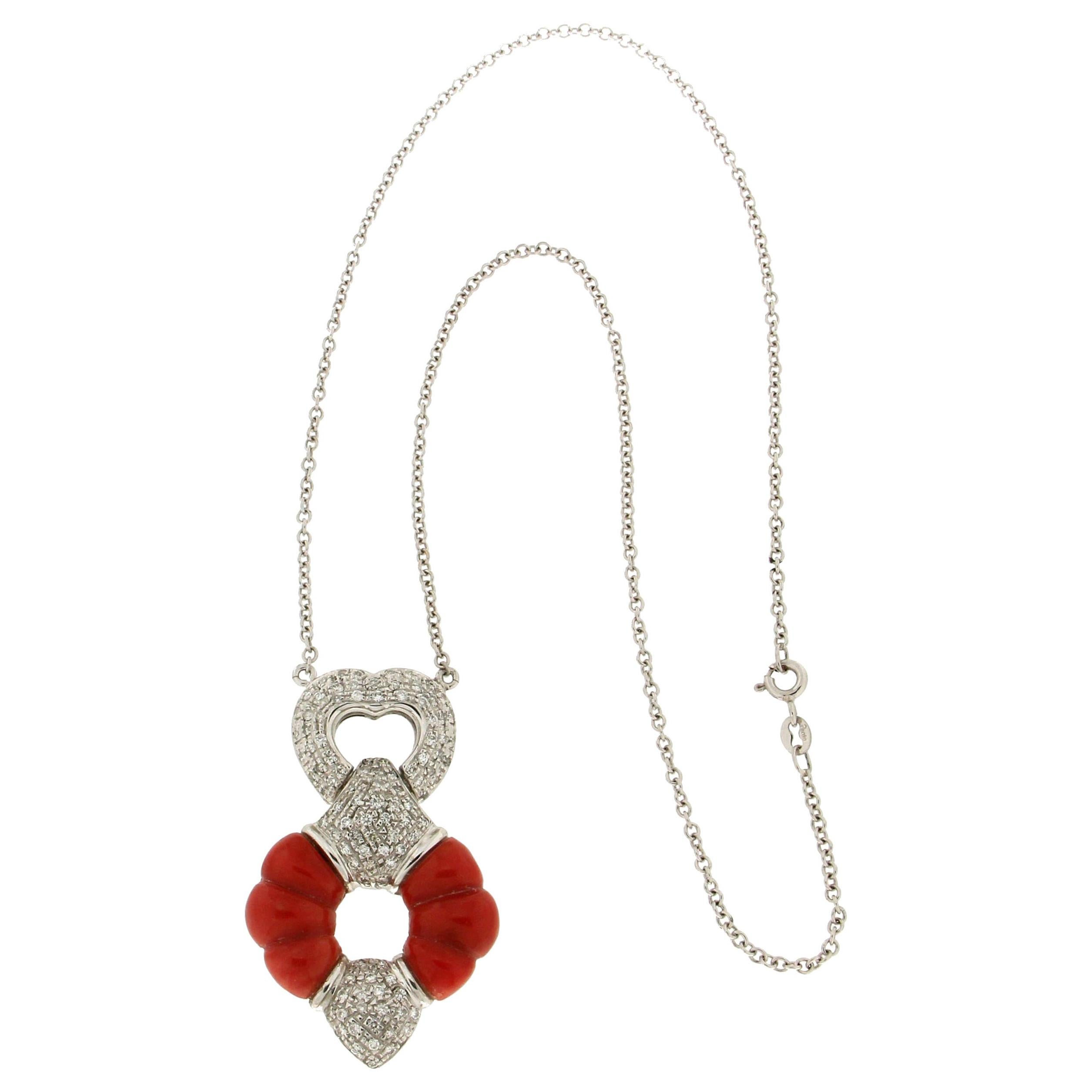 Handcraft Coral 18 Karat White Gold Diamonds Pendant Necklace For Sale