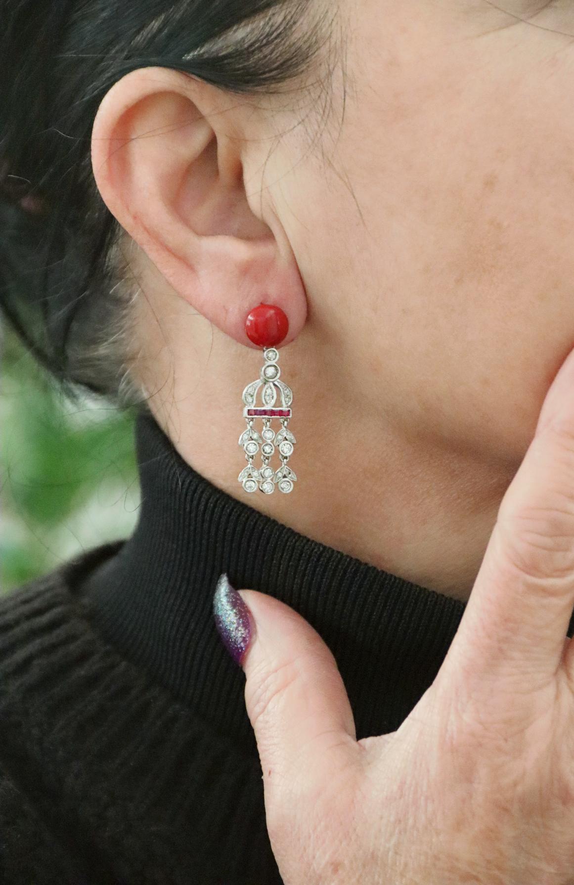 Women's Handcraft Coral 18 Karat White Gold Diamonds Rubies Drop Earrings For Sale