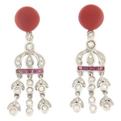 Handcraft Coral 18 Karat White Gold Diamonds Rubies Drop Earrings