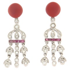 Handcraft Coral 18 Karat White Gold Diamonds Rubies Drop Earrings