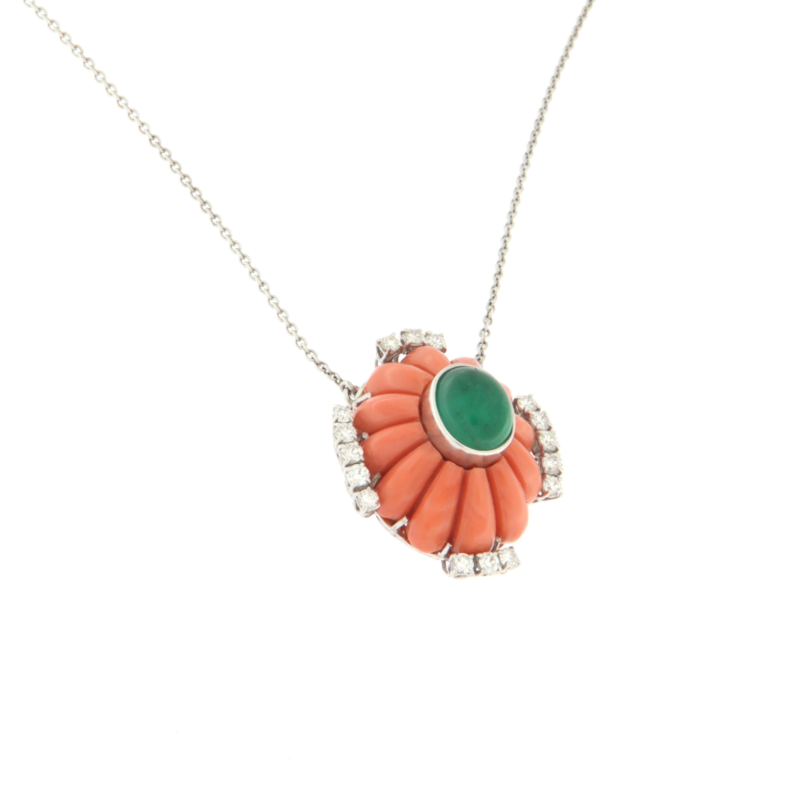 Artisan Handcraft Coral 18 Karat White Gold Emerald Pendant Necklace For Sale