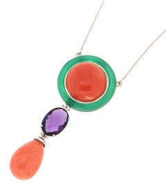 Handcraft Coral 18 Karat White Gold Green Agate Amethyst Pendant Necklace