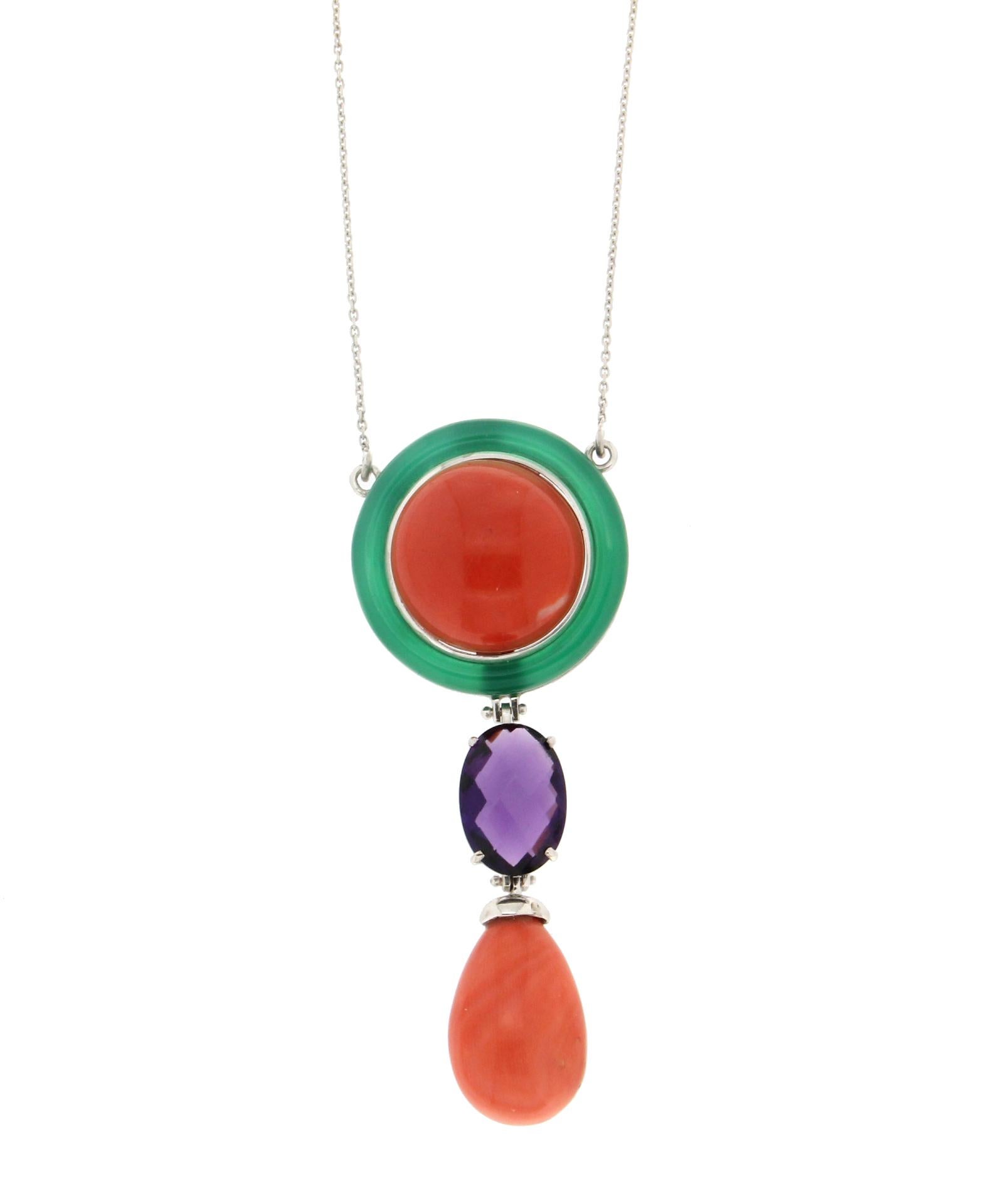 Artisan Handcraft Coral 18 Karat White Gold Green Agate Amethyst Pendant Necklace For Sale