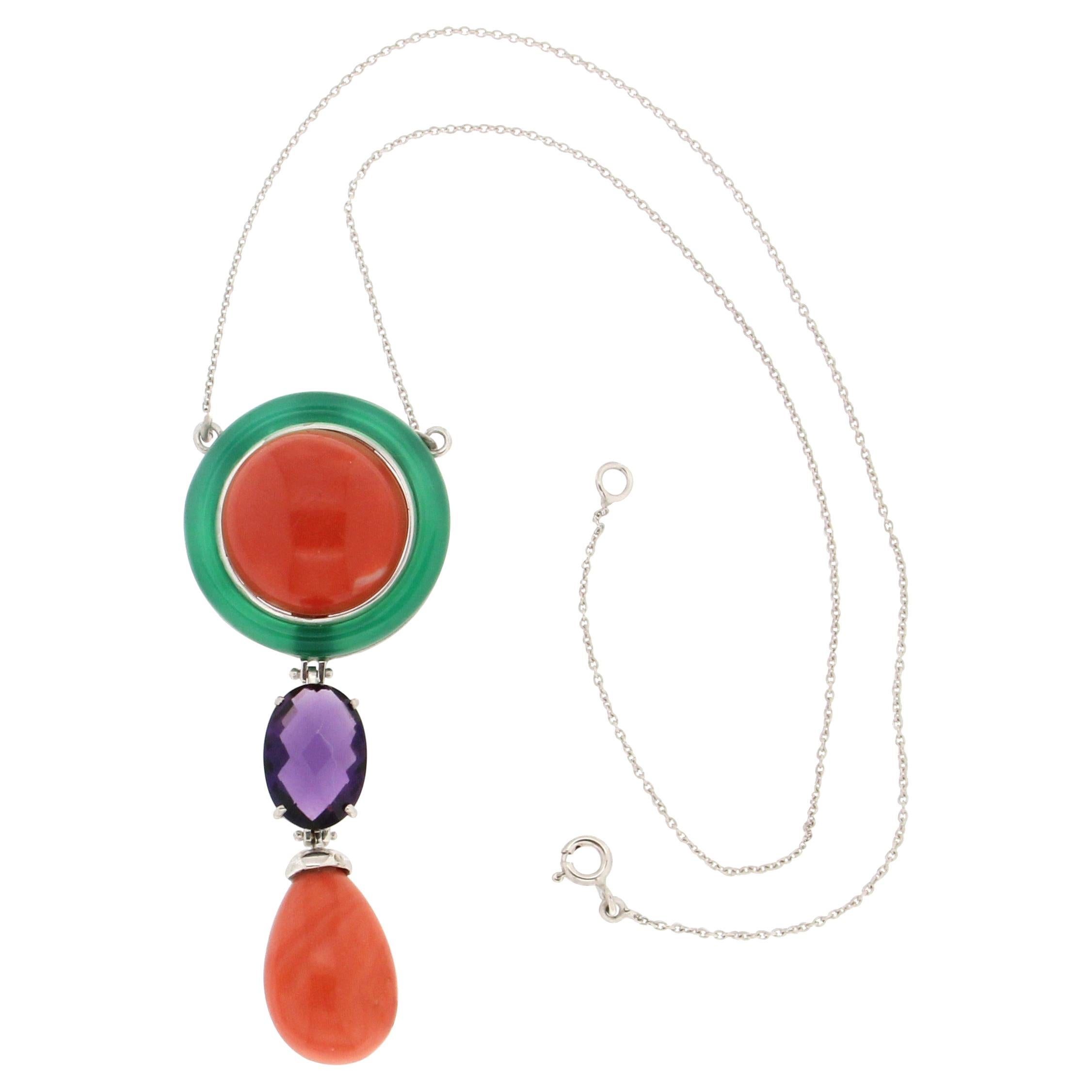 Handcraft Coral 18 Karat White Gold Green Agate Amethyst Pendant Necklace For Sale