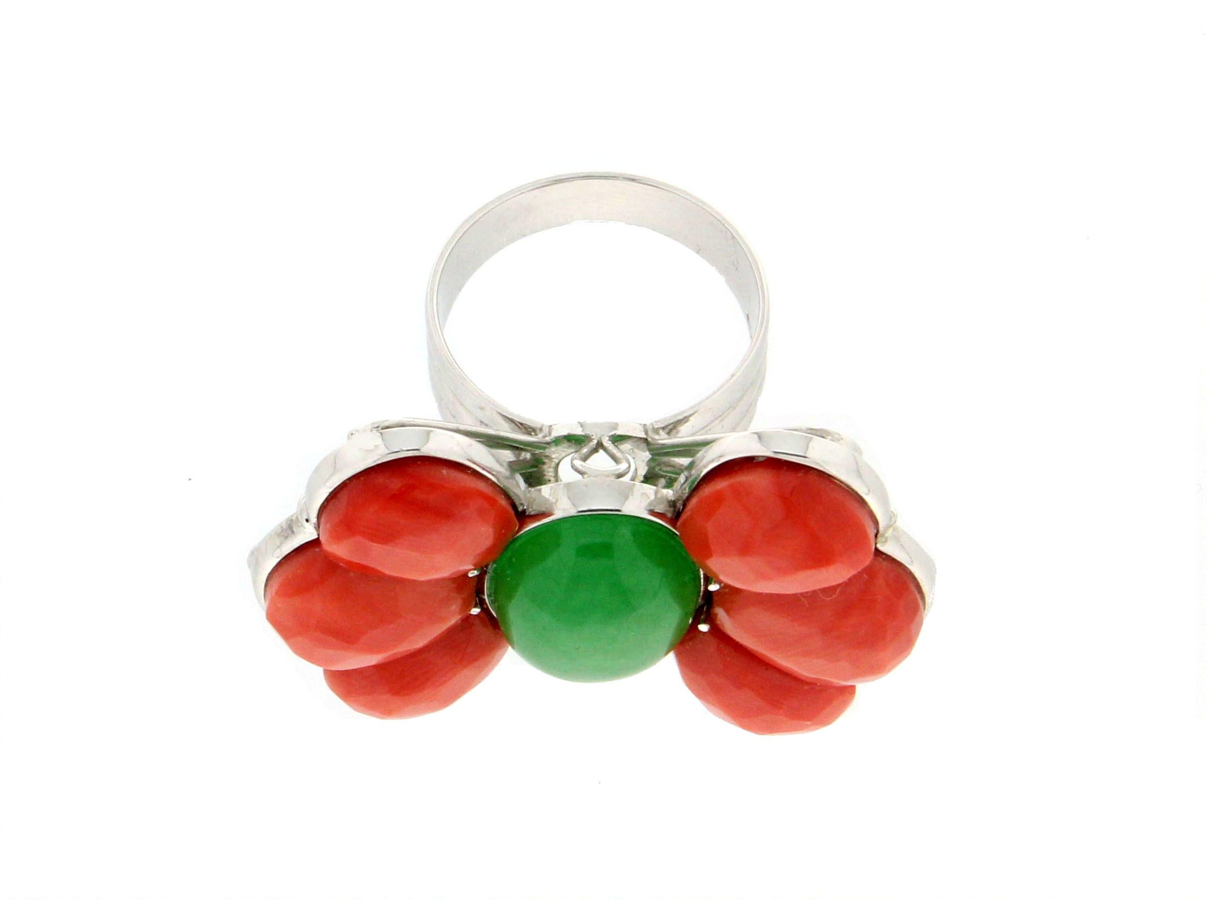 Mixed Cut Handcraft Coral 18 Karat White Gold Jade Cocktail Ring For Sale