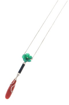 Handcraft Coral 18 Karat White Gold Onyx Agate Flower Pendant Necklace