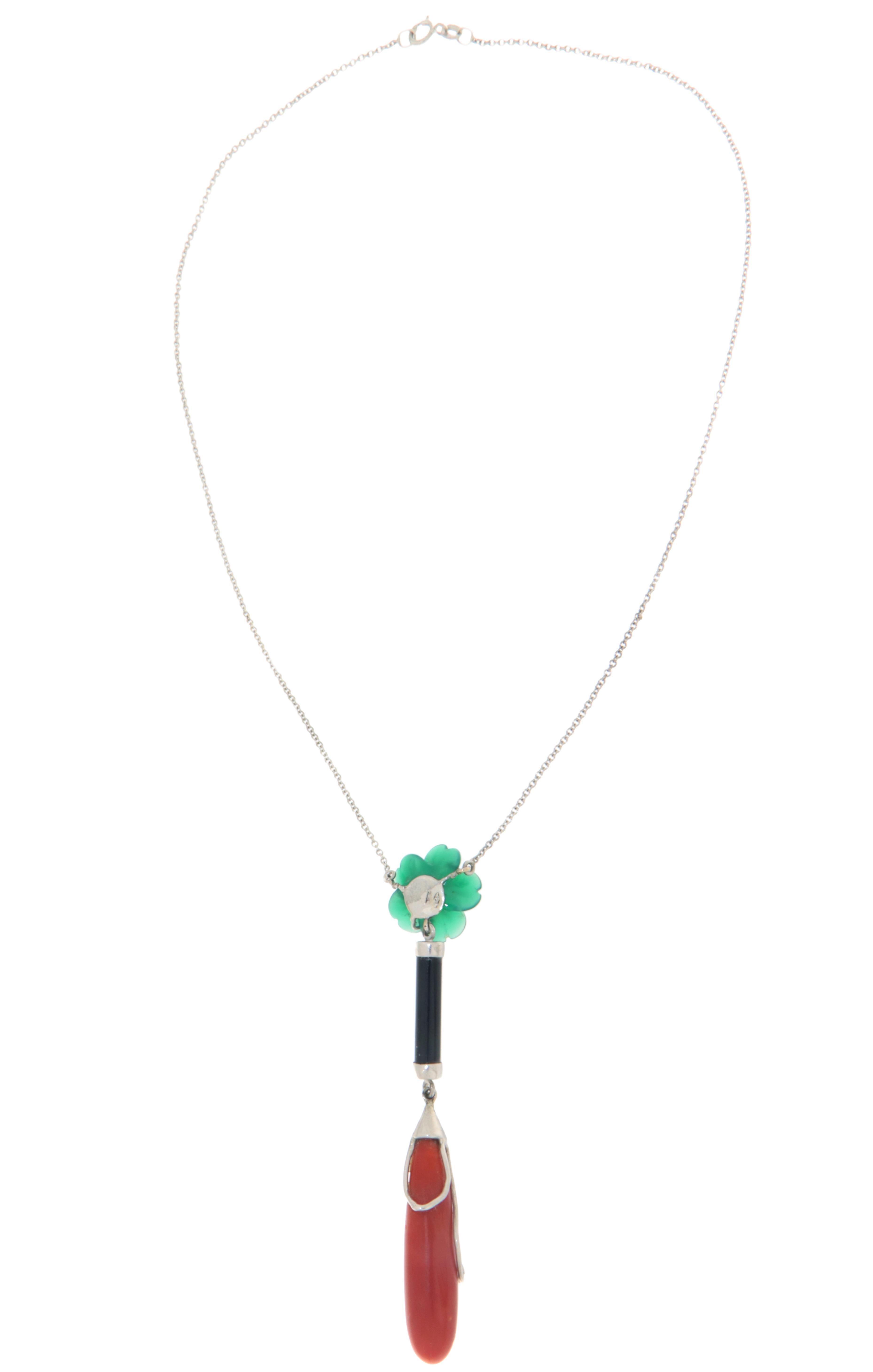 Artisan Handcraft Coral 18 Karat White Gold Onyx Agate Flower Pendant Necklace For Sale
