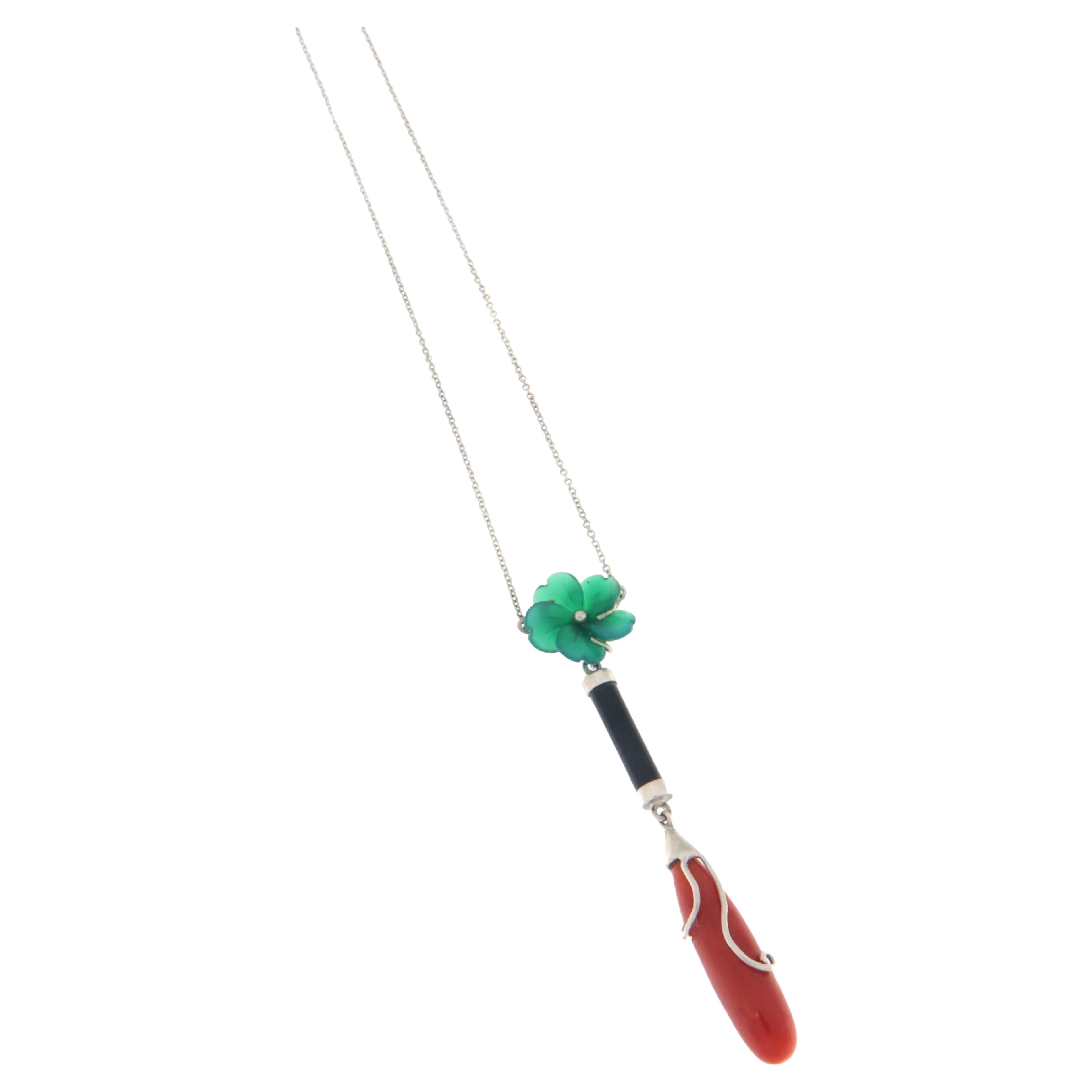 Handcraft Coral 18 Karat White Gold Onyx Agate Flower Pendant Necklace