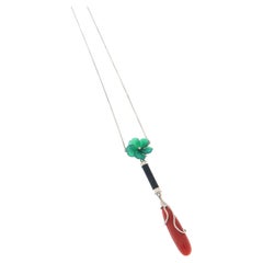 Handcraft Coral 18 Karat White Gold Onyx Agate Flower Pendant Necklace