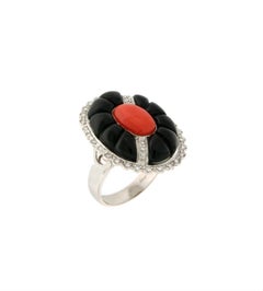 Handcraft Coral 18 Karat White Gold Onyx Diamonds Cocktail Ring