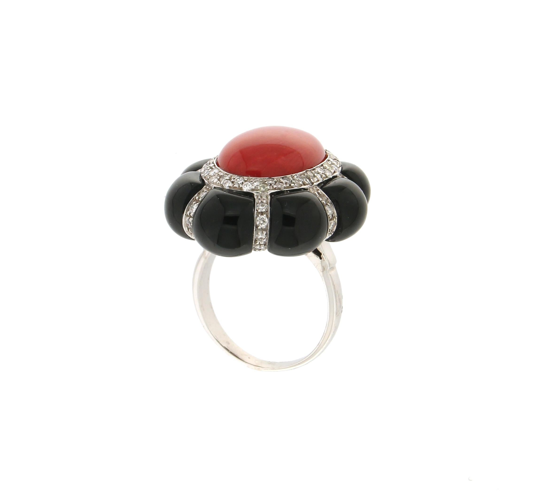 Brilliant Cut Handcraft Coral 18 Karat White Gold Onyx Diamonds Cocktail Ring For Sale