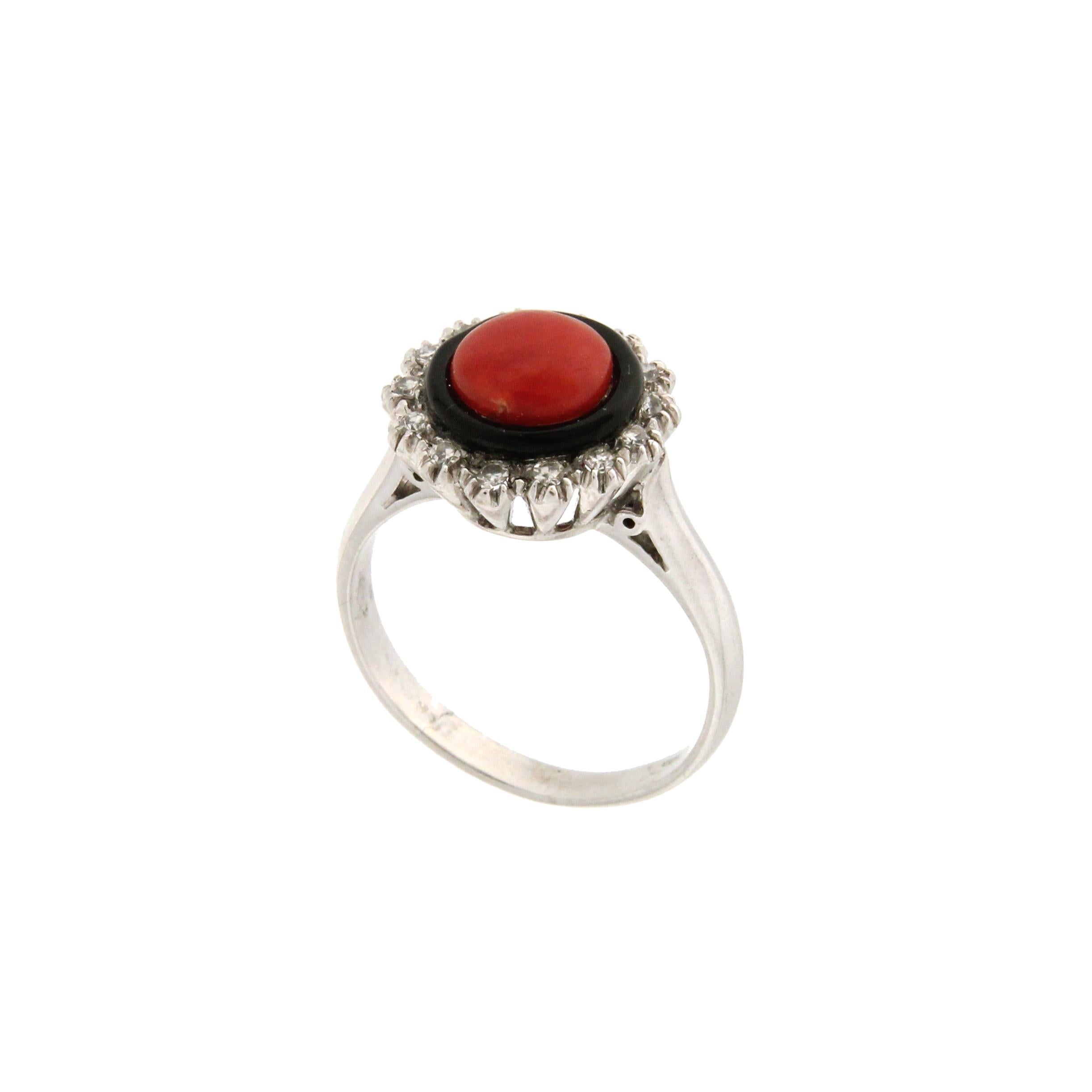 Mixed Cut Handcraft Coral 18 Karat White Gold Onyx Diamonds Cocktail Ring For Sale