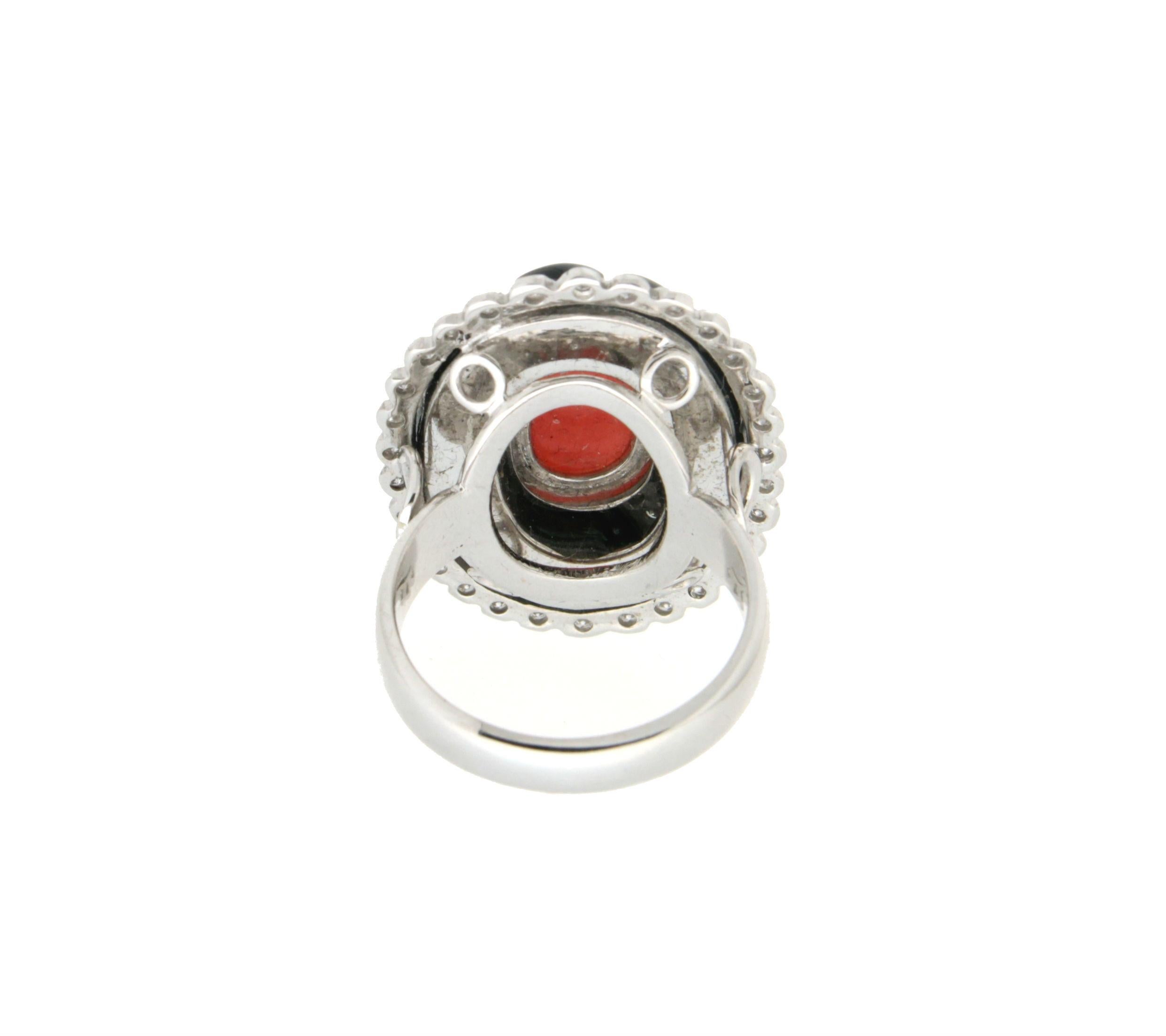 Women's Handcraft Coral 18 Karat White Gold Onyx Diamonds Cocktail Ring For Sale